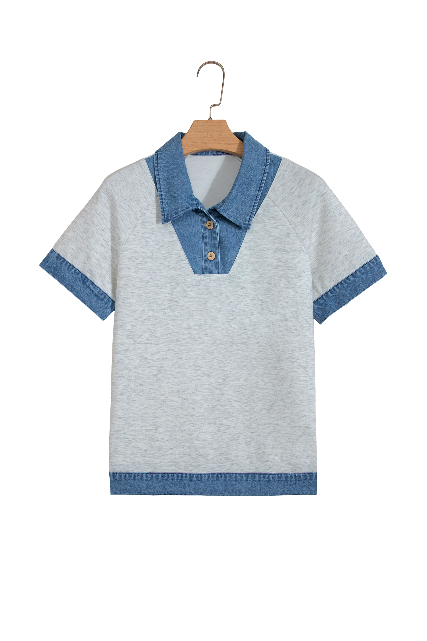 Light Grey Denim Contrast Collar Cuffed Short Sleeve Top view 11