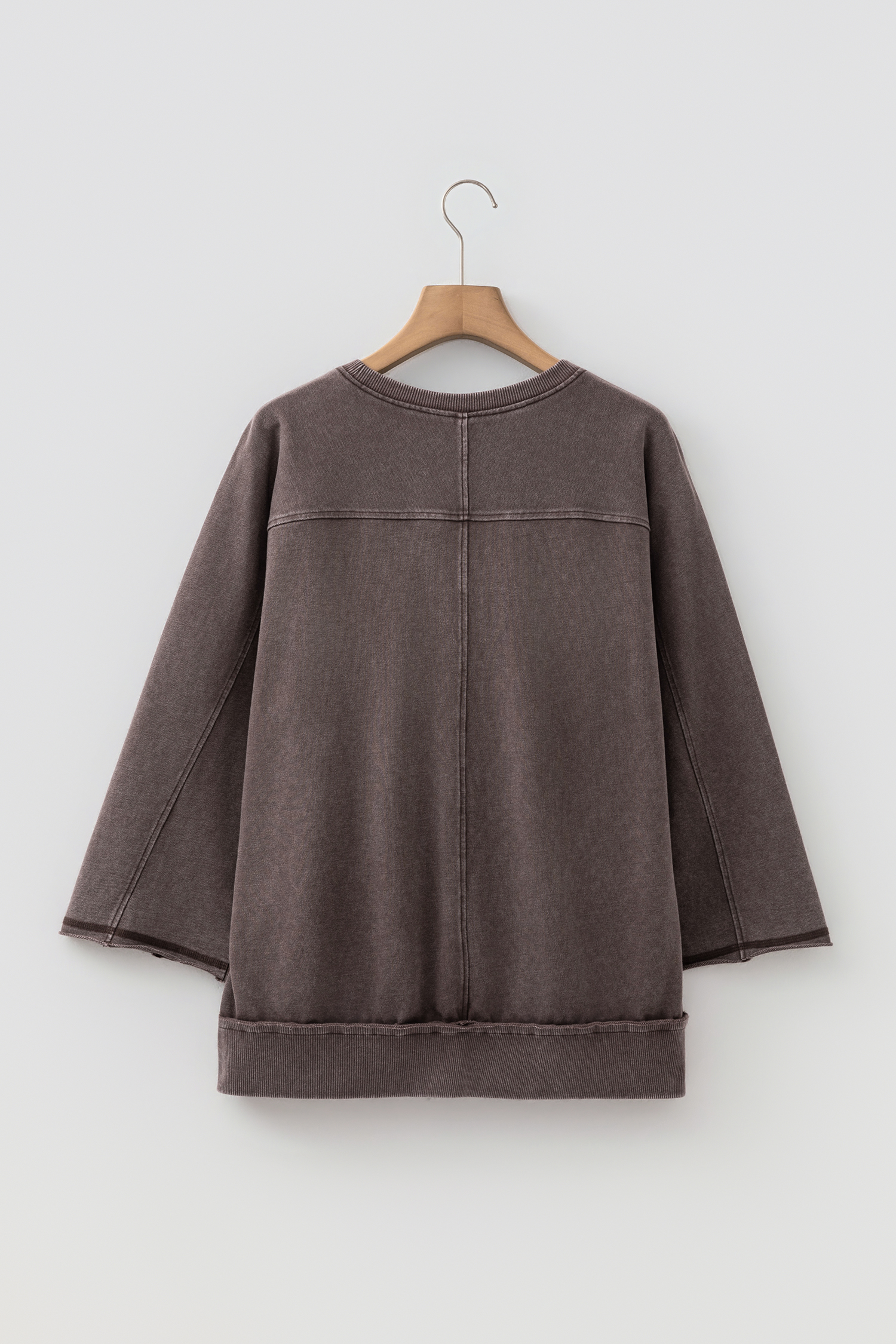 Dark Brown 3/4 Sleeve Mineral Wash Loose Cotton Top view 9