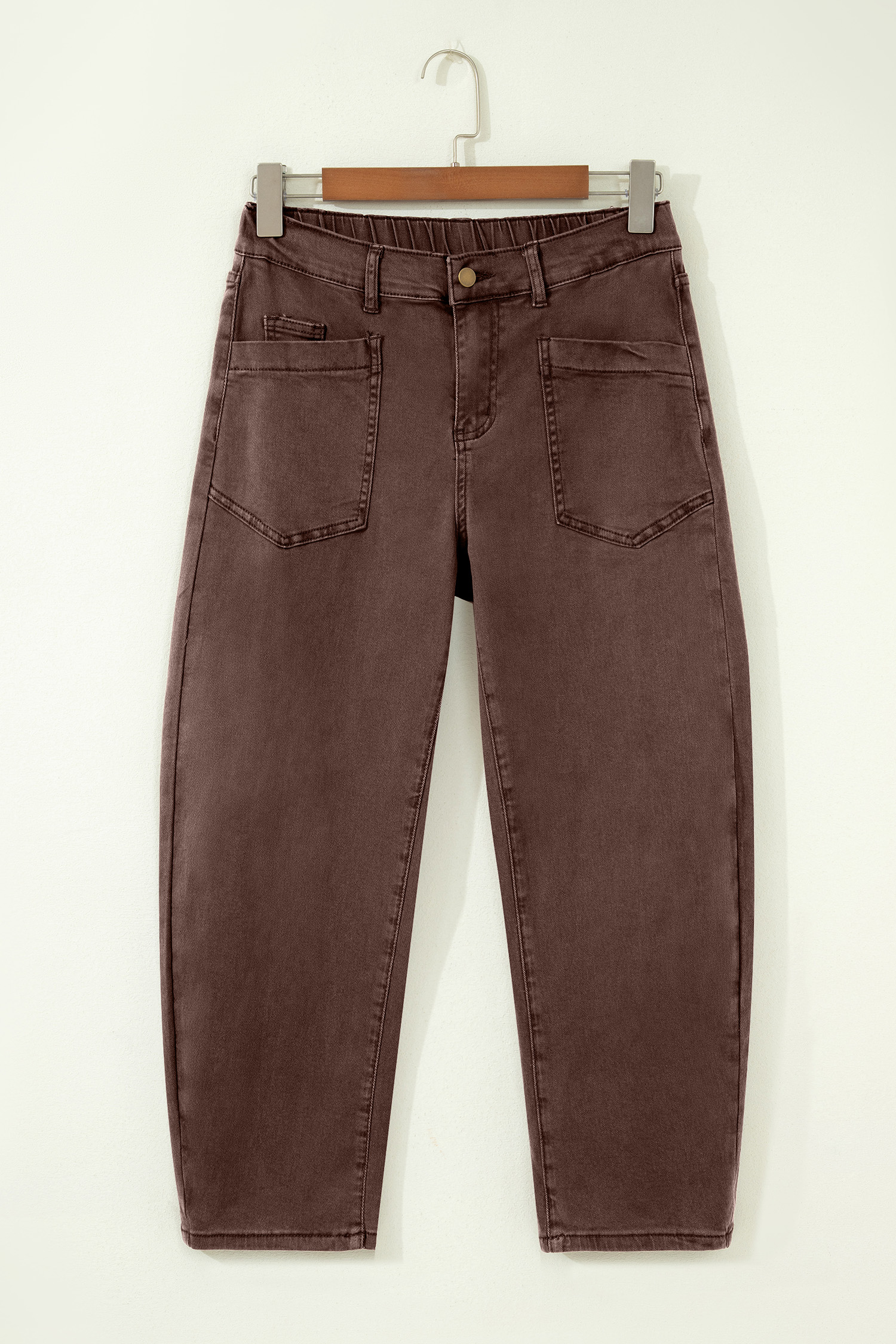 Coffee Solid Color Square Patch Pocket Ankle-length Barrel Jeans view 10