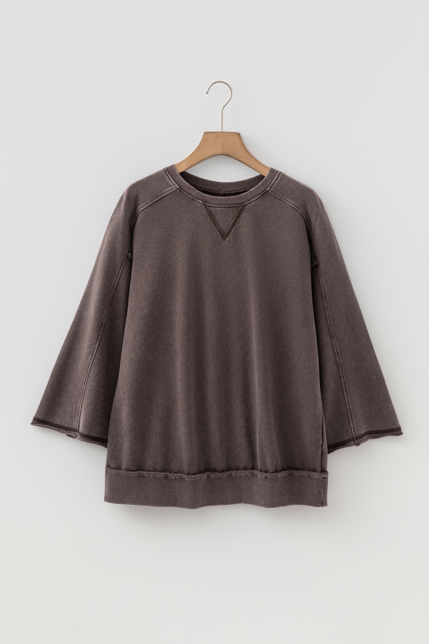 Dark Brown 3/4 Sleeve Mineral Wash Loose Cotton Top view 8