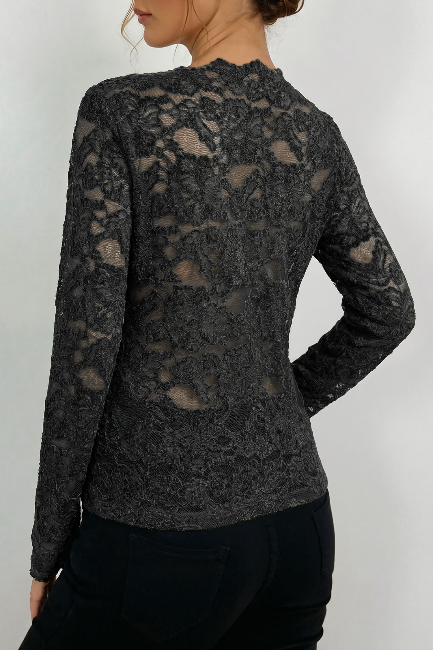 Black Elegant Stand Neck Lace Long Sleeve Top view 5