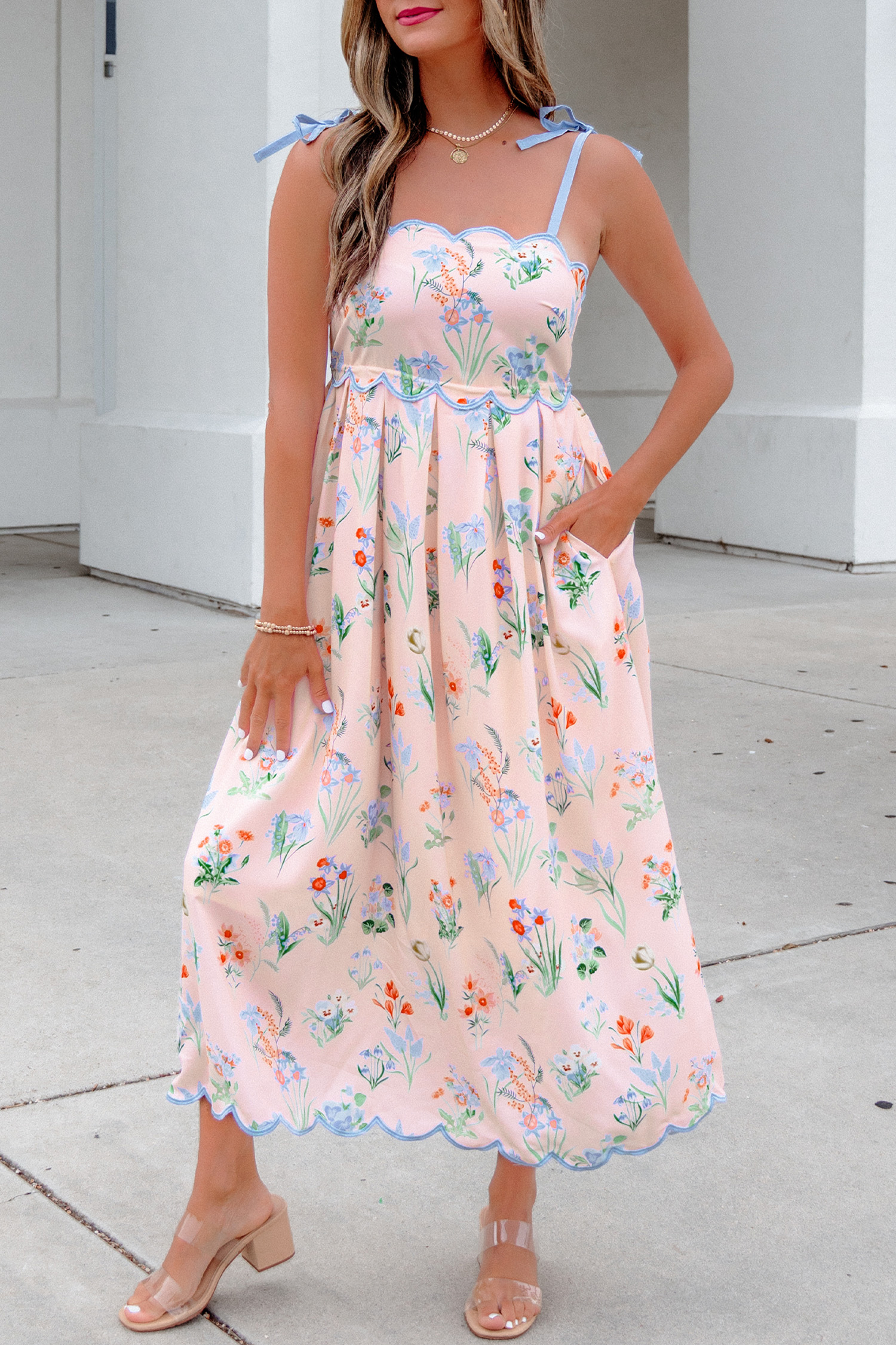 Pink Floral Print Contrast Trim Self-tie Straps High Waist Midi Dress view 12
