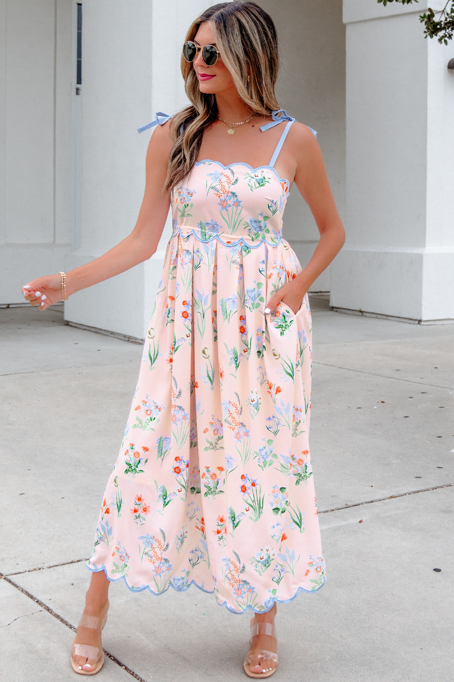 Pink Floral Print Contrast Trim Self-tie Straps High Waist Midi Dress view 9