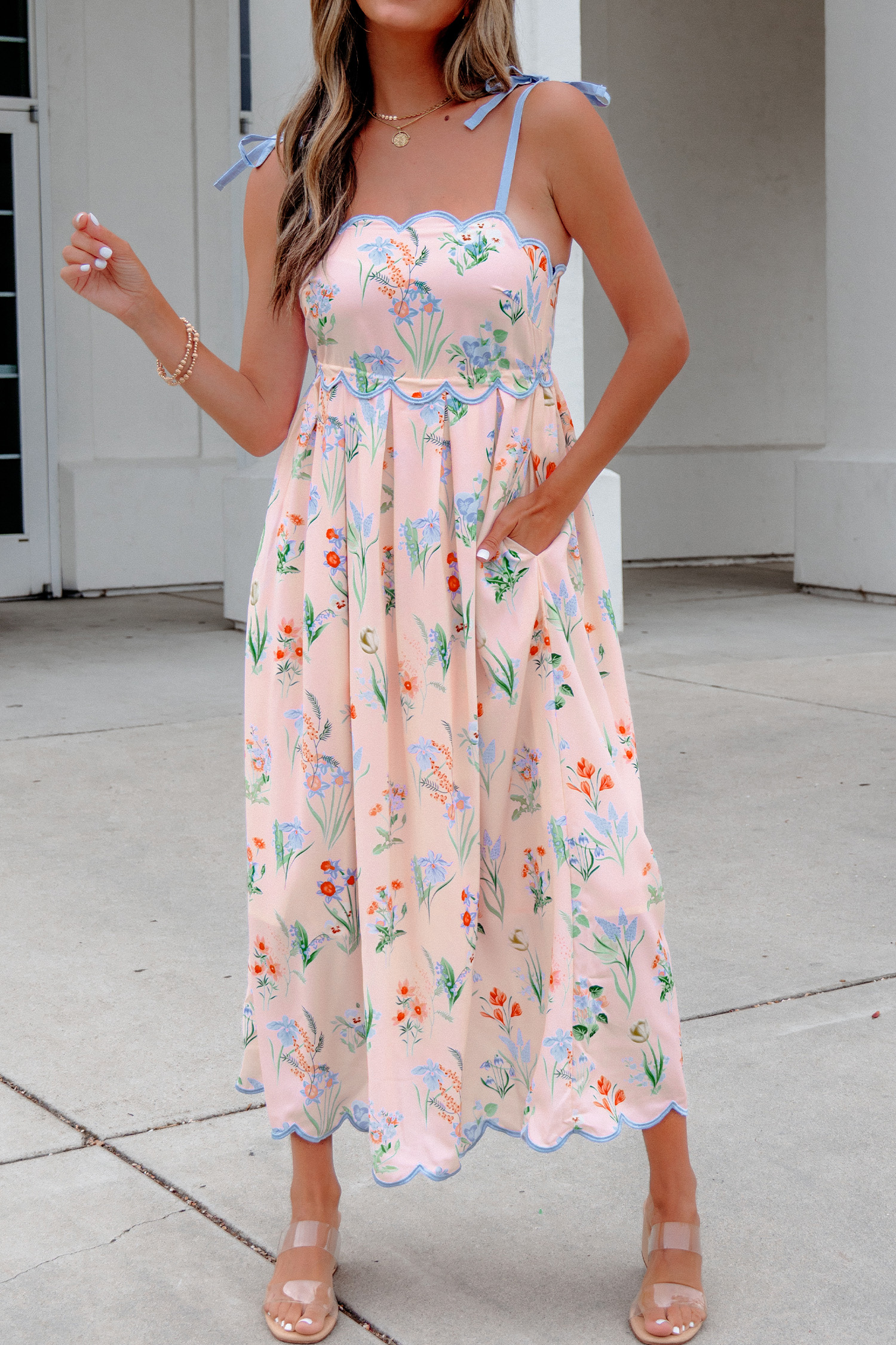 Pink Floral Print Contrast Trim Self-tie Straps High Waist Midi Dress view 11