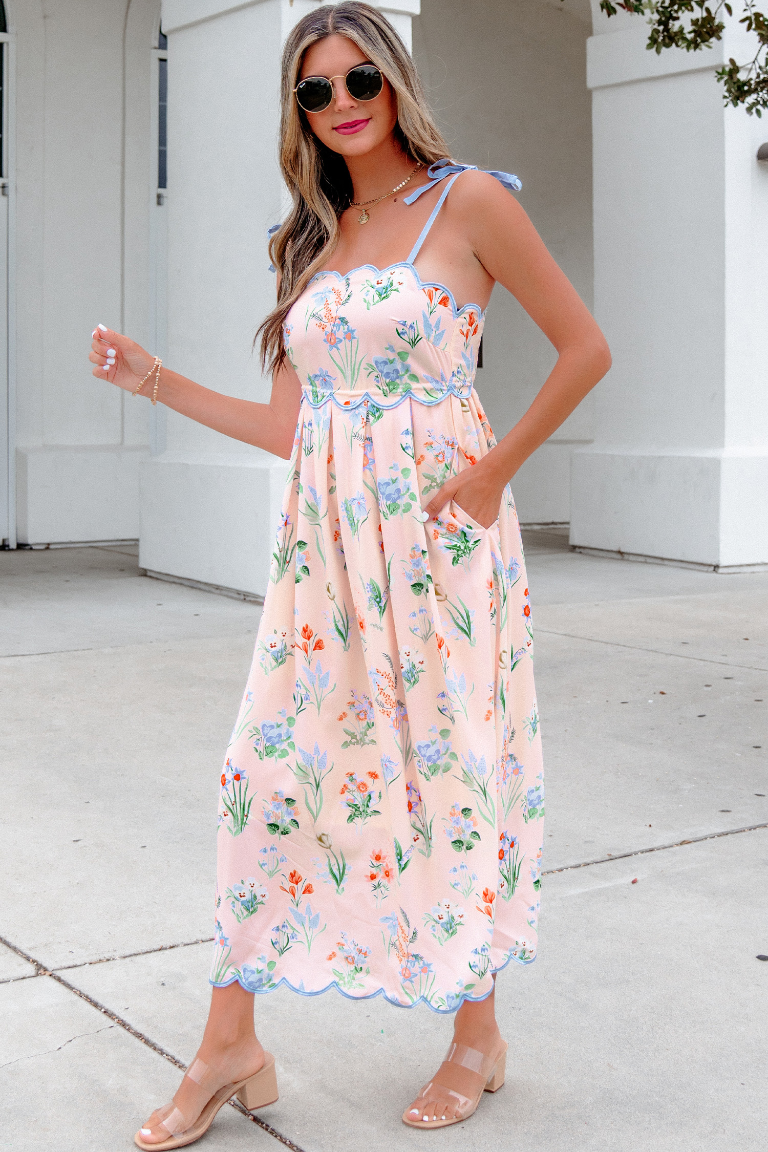 Pink Floral Print Contrast Trim Self-tie Straps High Waist Midi Dress view 8