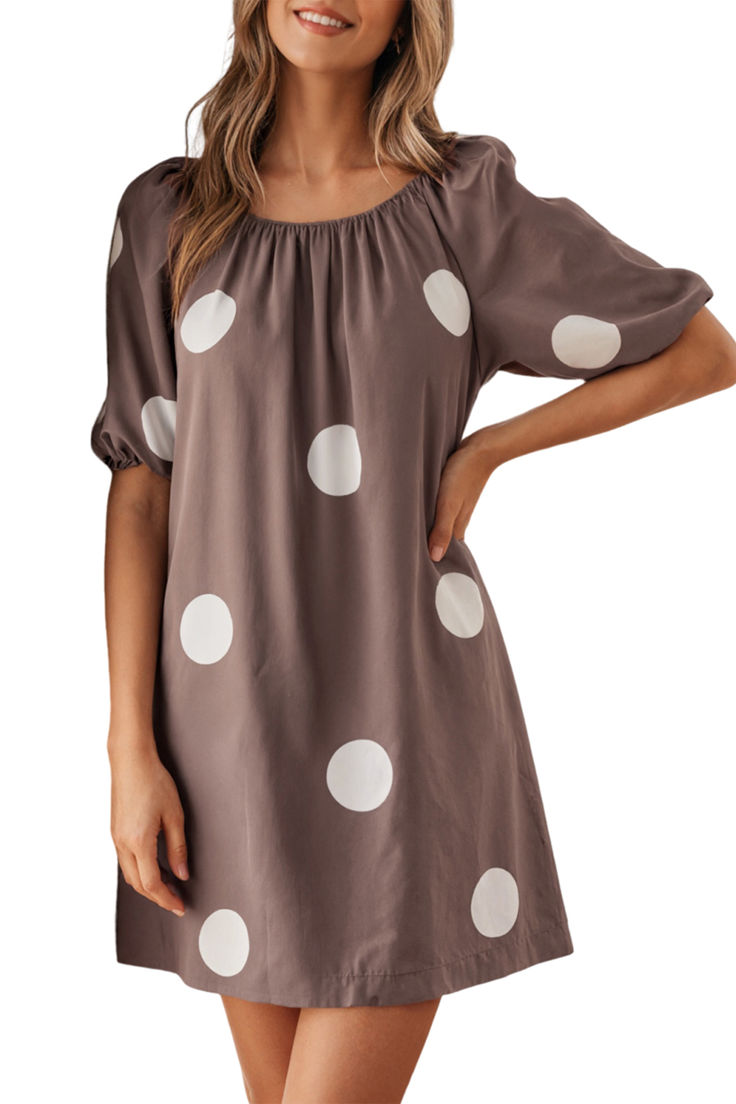Brown Polka Dot Print Knot Back Short Puff Sleeve Loose Mini Dress view 20