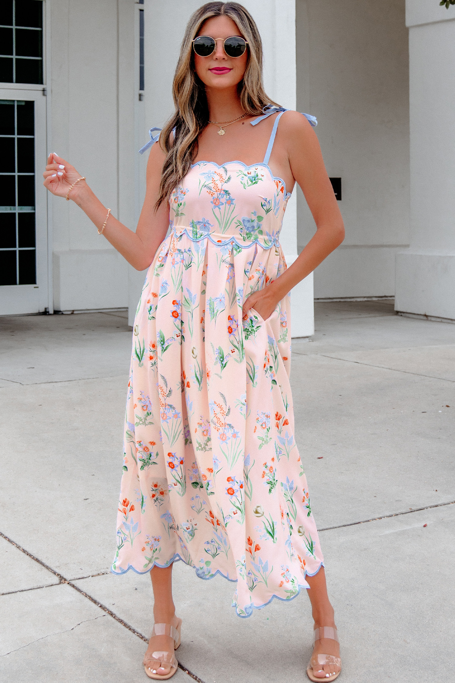 Pink Floral Print Contrast Trim Self-tie Straps High Waist Midi Dress view 6