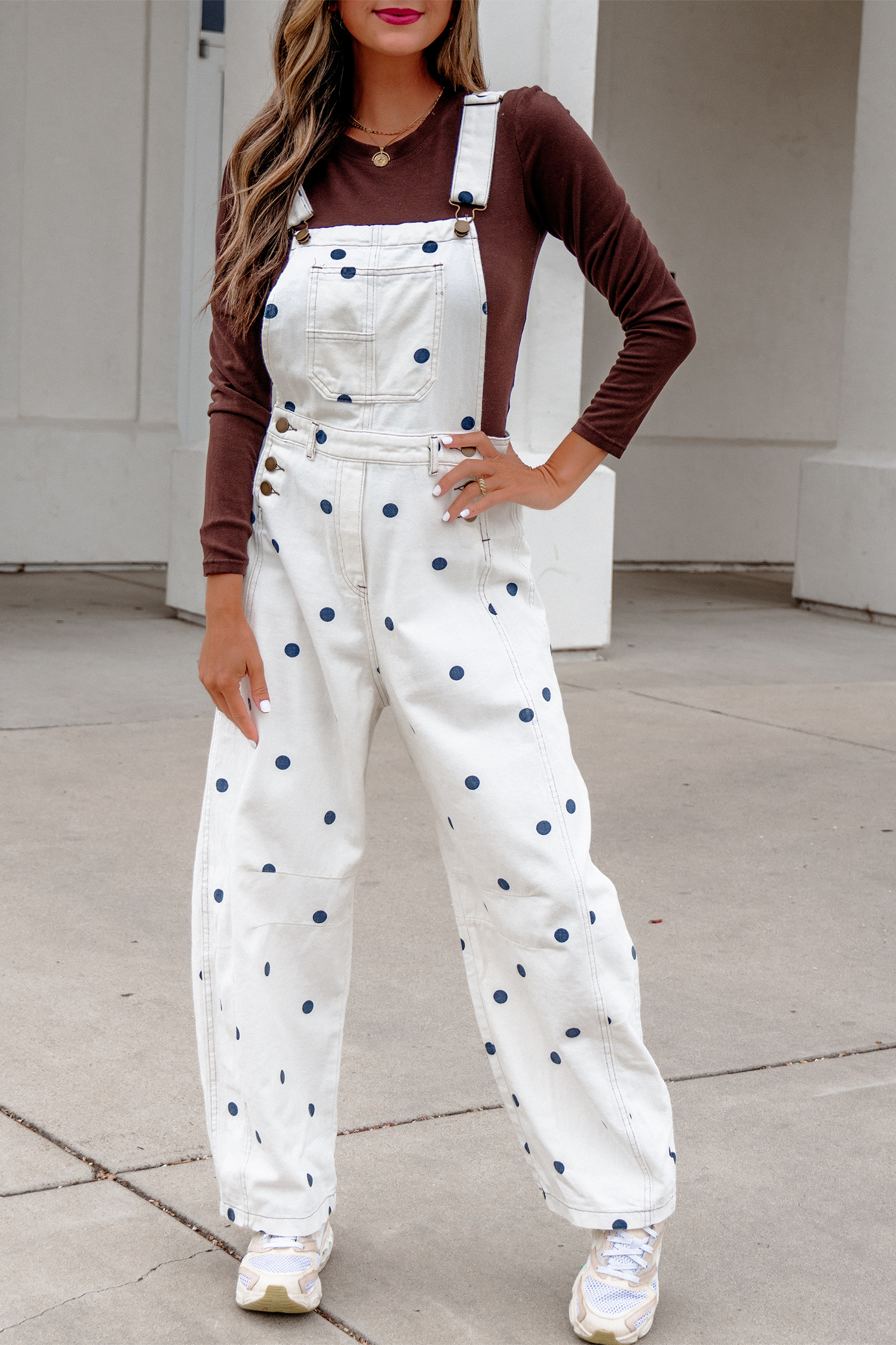 Jet Stream Polka Dot Print Bib Pocket Denim Barrel Overalls Jumpsuit view 24
