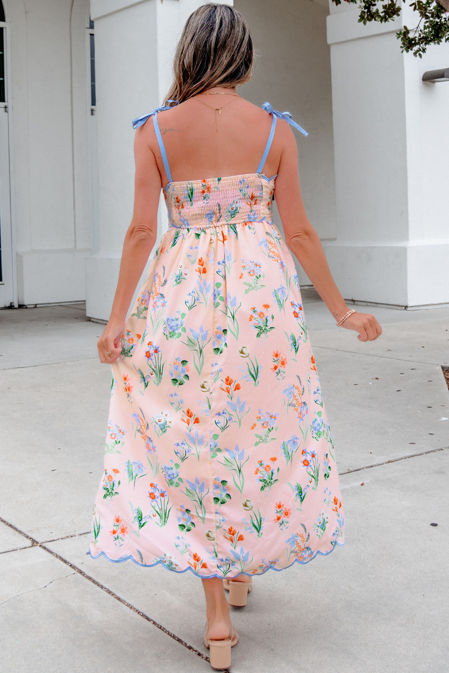 Pink Floral Print Contrast Trim Self-tie Straps High Waist Midi Dress view 7