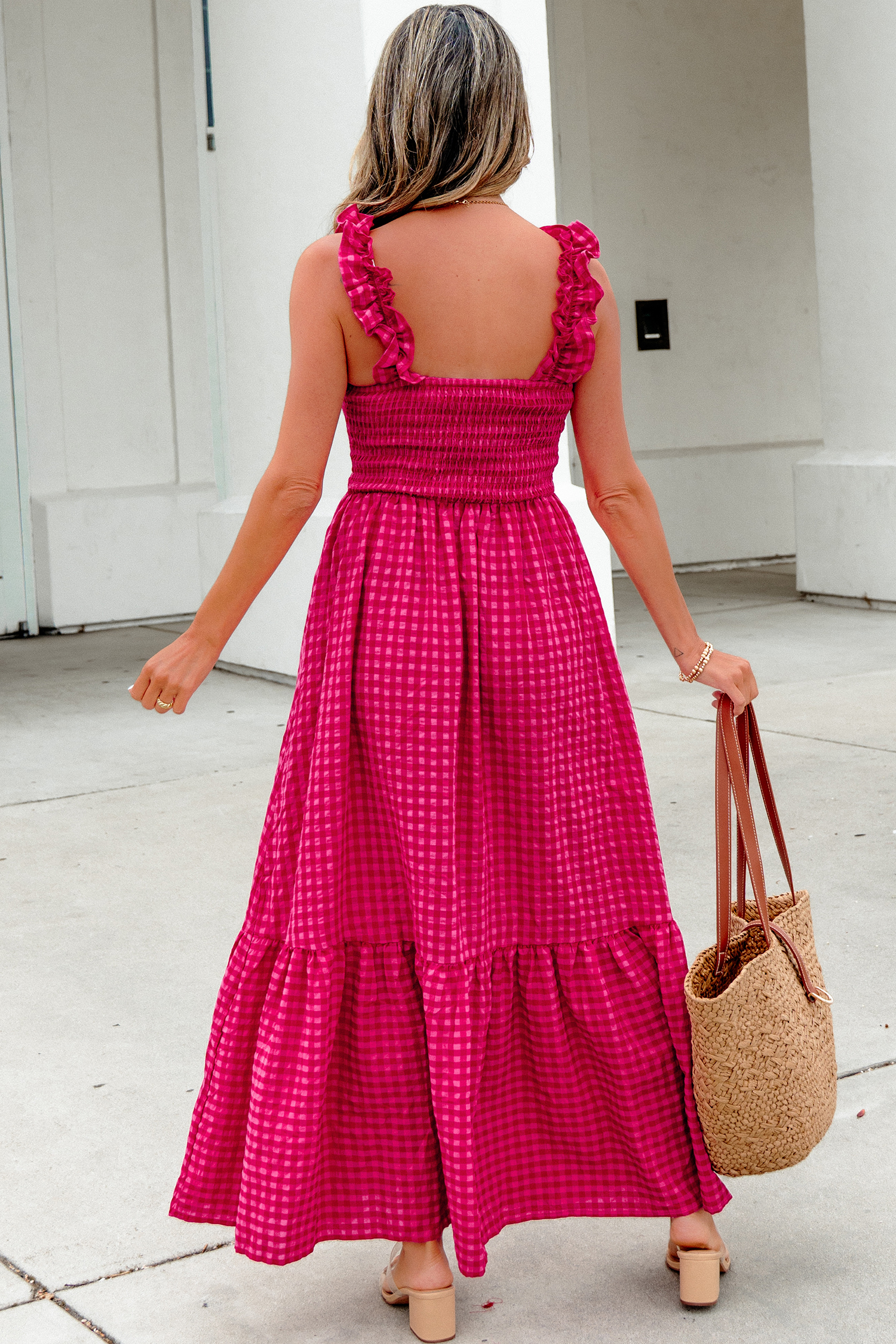 Red Plaid Square Neck Fit-and-flared Vacation Sundress view 2