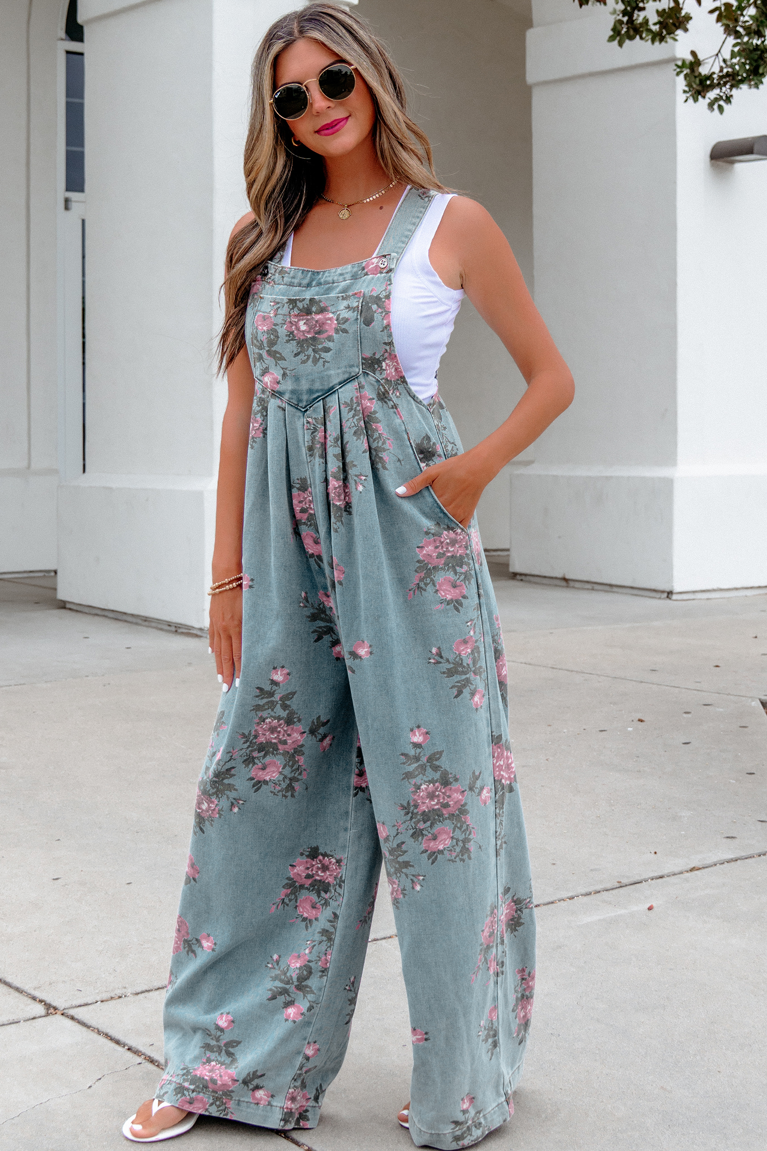 Beau Blue Floral Print Pleated High Waist Wide Leg Denim Jumpsuit view 4