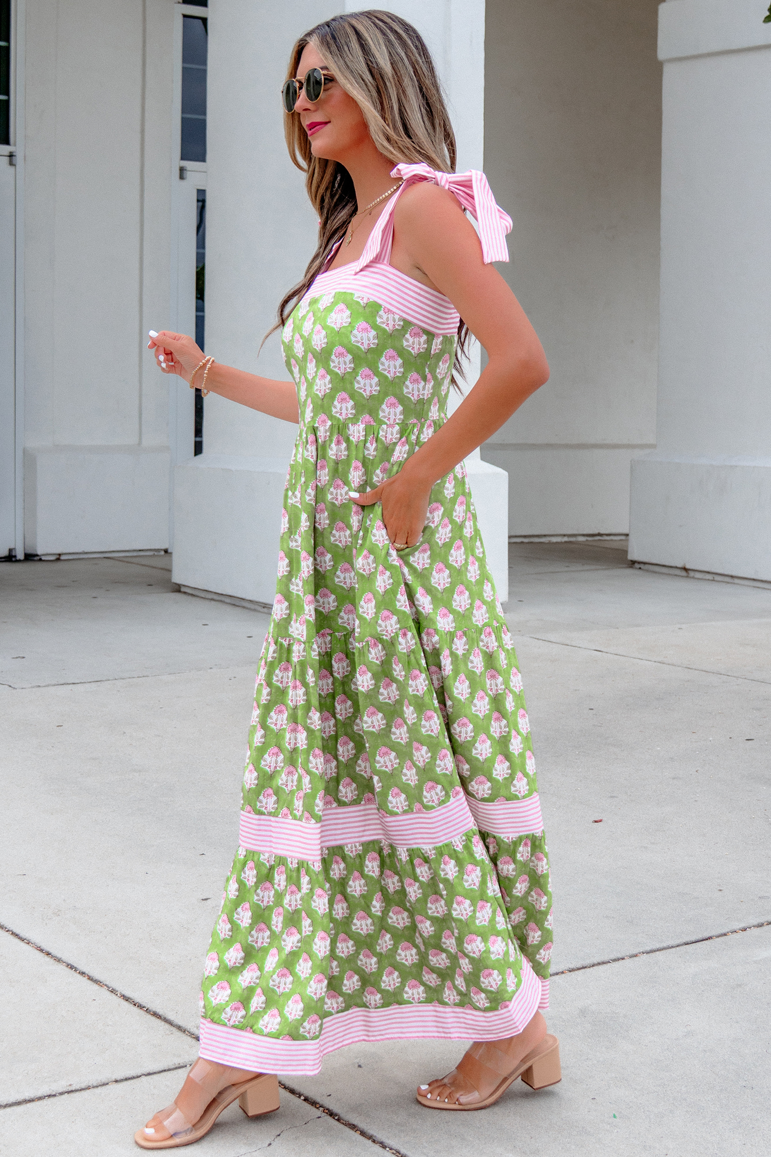Green Floral Print Striped Detail Knot Straps Maxi Dress view 6