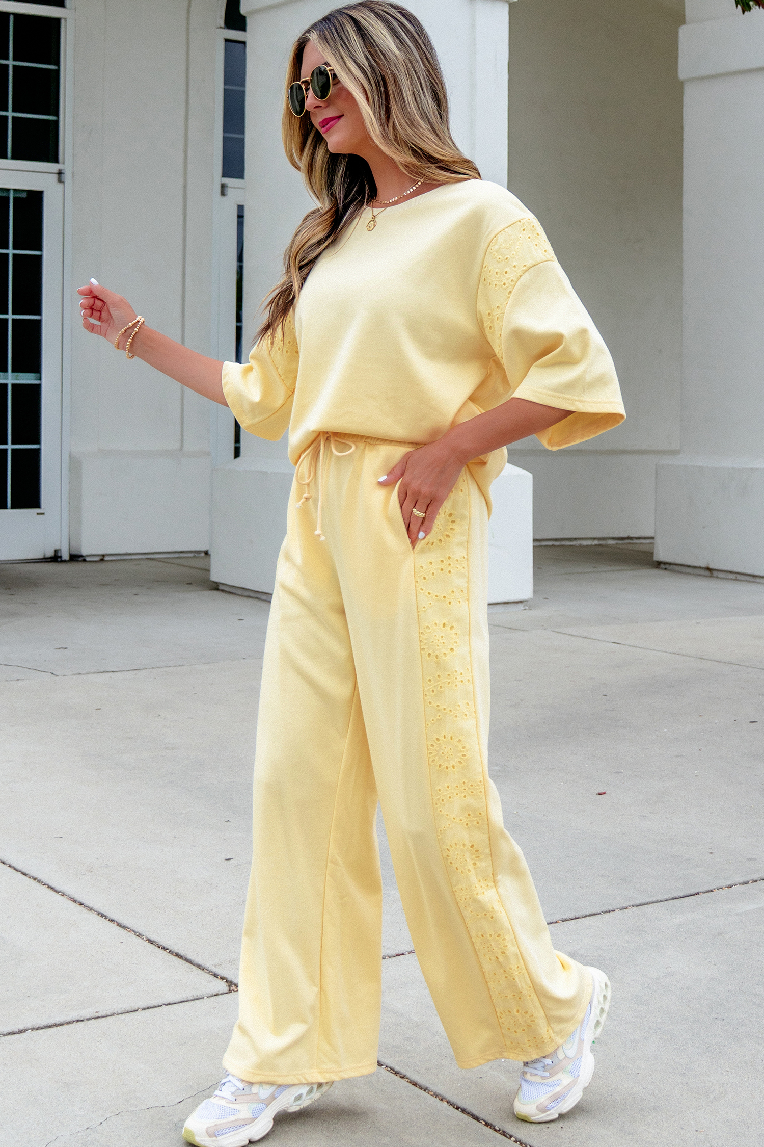 Yellow Cream Lace Patchwork Half Sleeve Top Elastic Waist Pants Two Piece Set view 4
