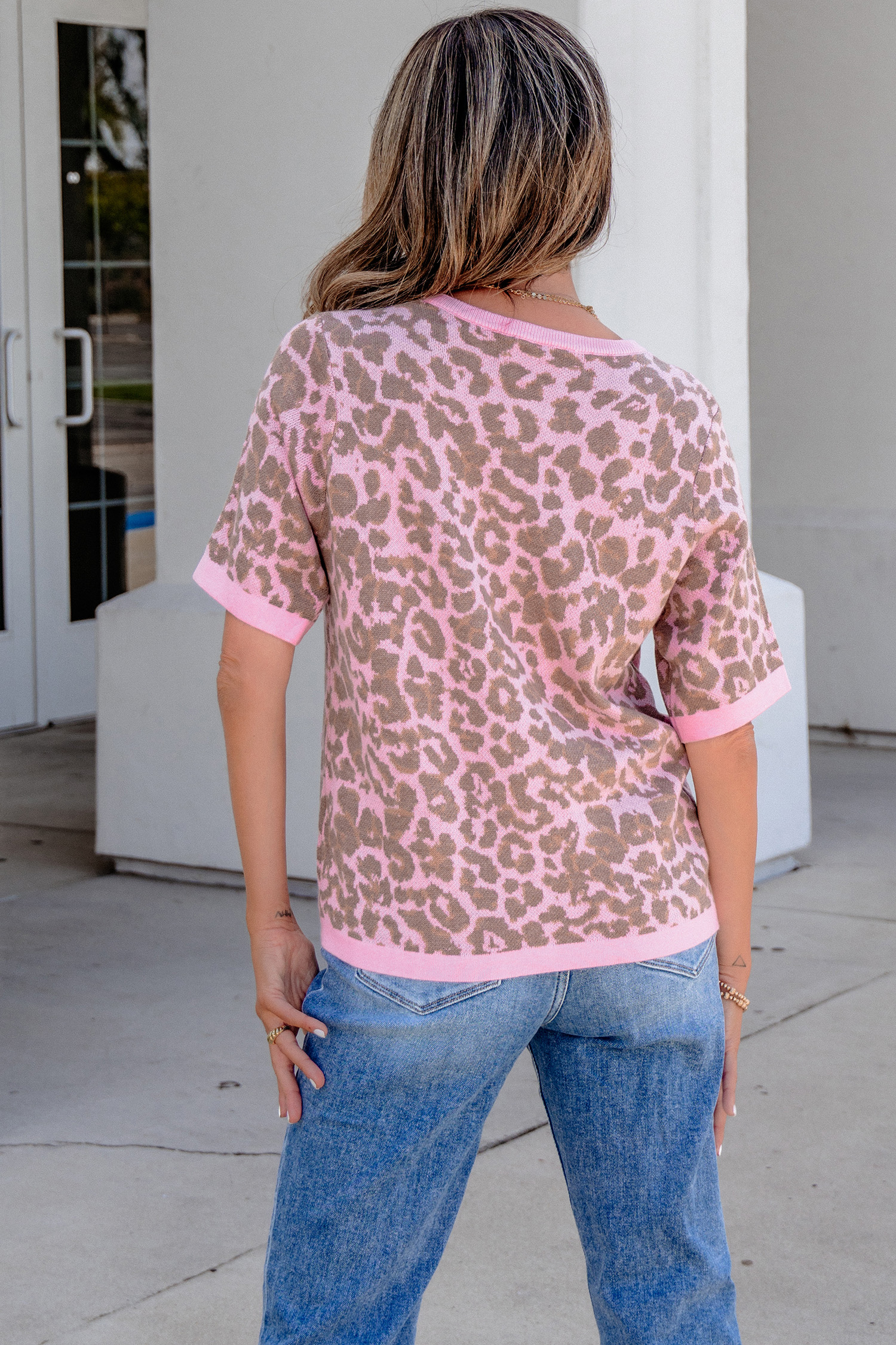 Pink Leopard Button Down Short Sleeve Sweater Cardigan view 2