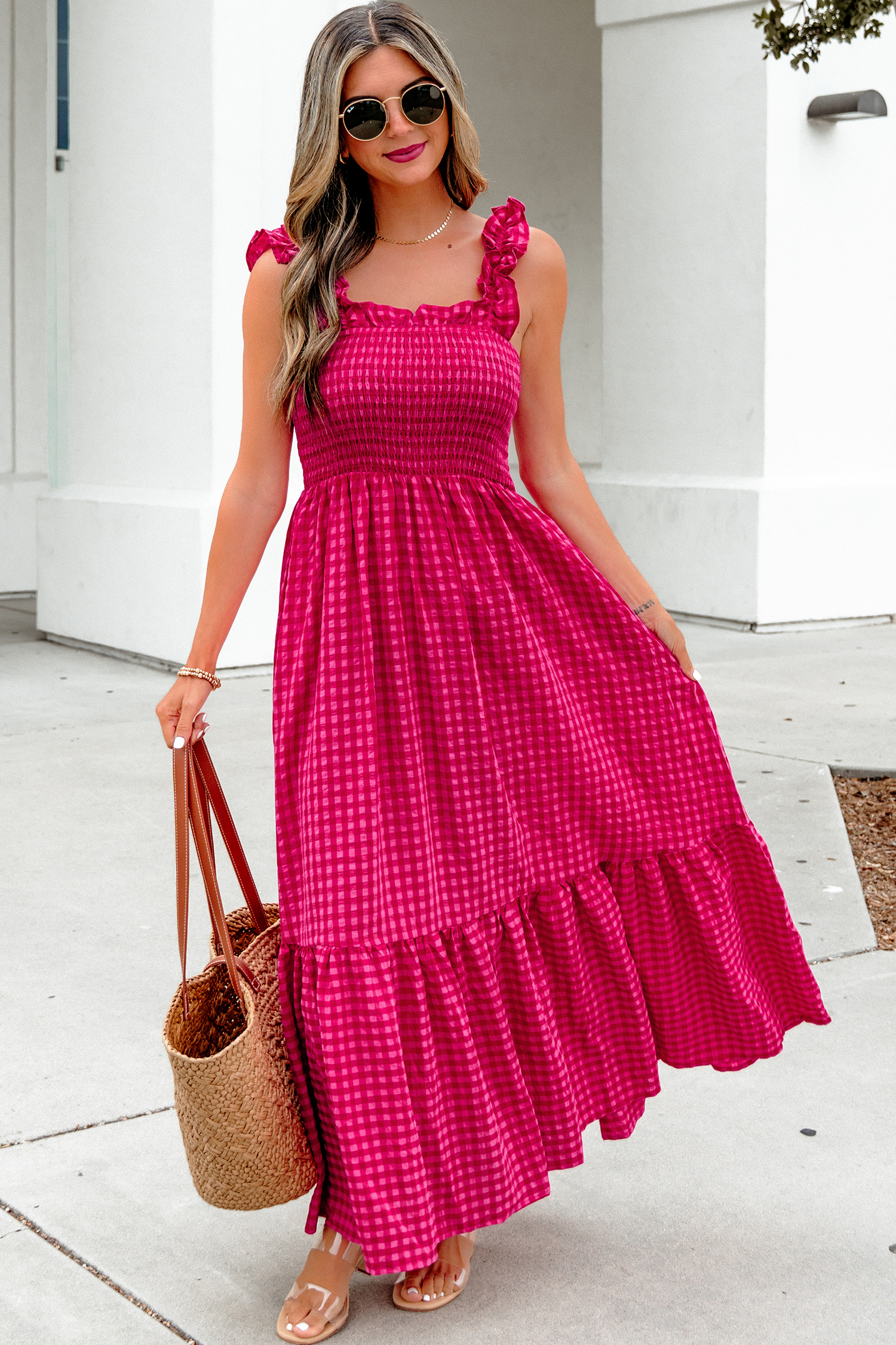 Red Plaid Square Neck Fit-and-flared Vacation Sundress view 3