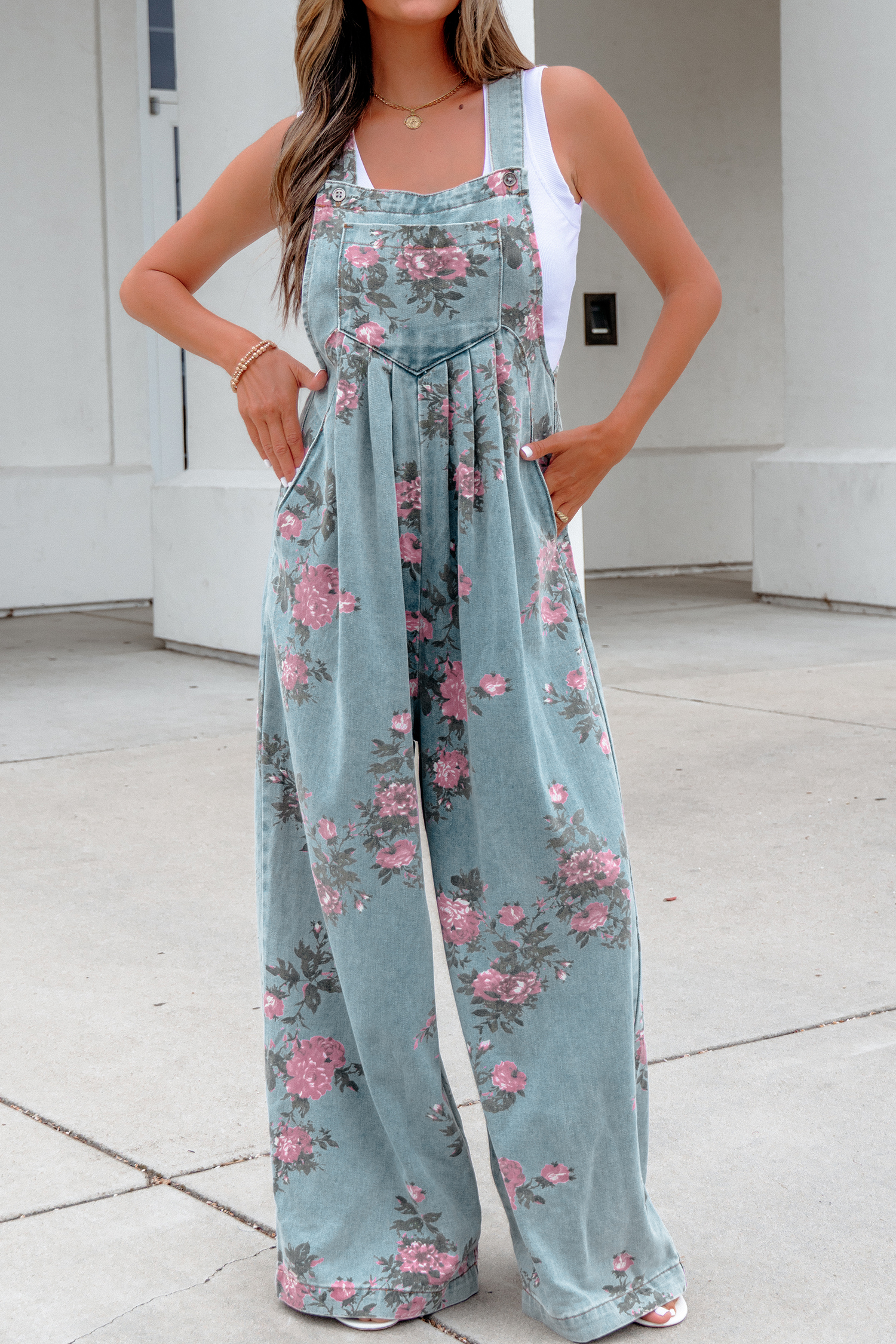 Beau Blue Floral Print Pleated High Waist Wide Leg Denim Jumpsuit view 6