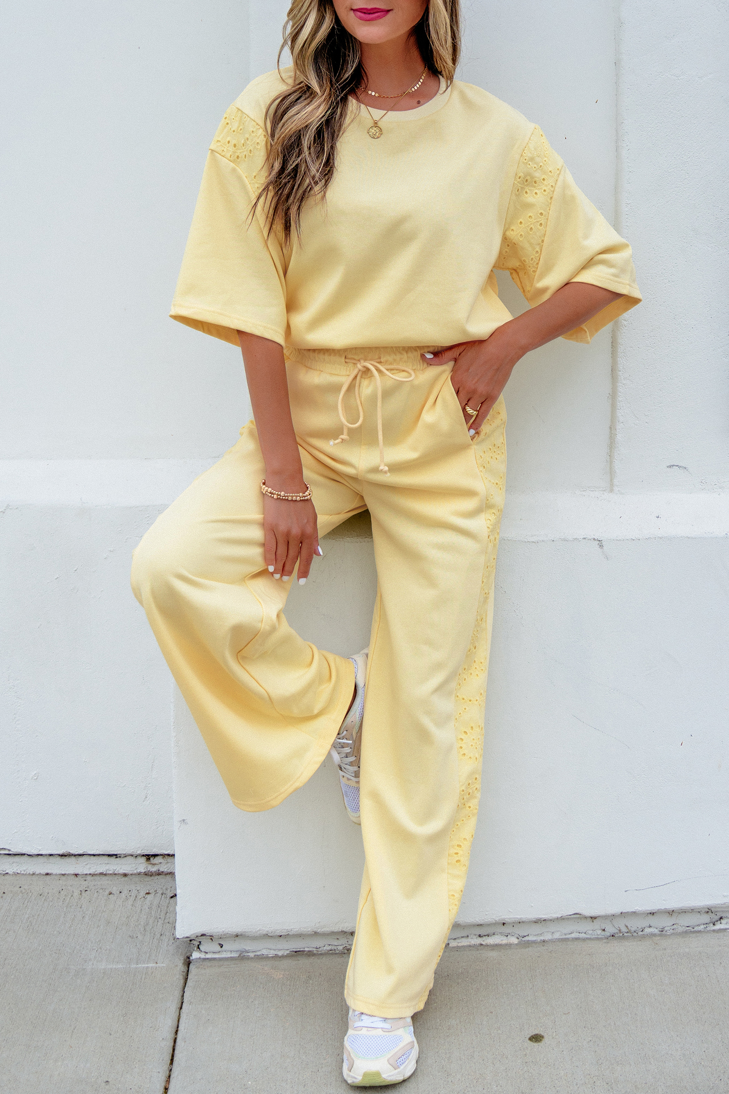 Yellow Cream Lace Patchwork Half Sleeve Top Elastic Waist Pants Two Piece Set view 8