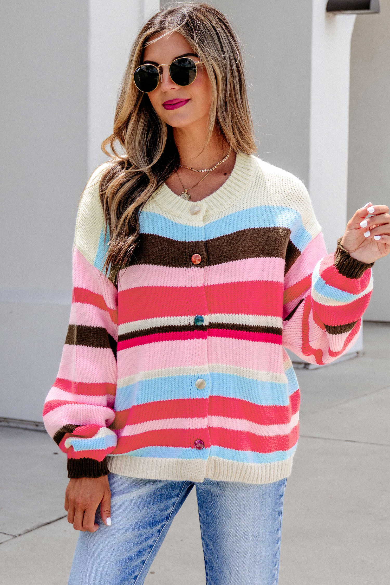 Pink Stripe Striped Colorblock Drop Shoulder Cardigan view 7
