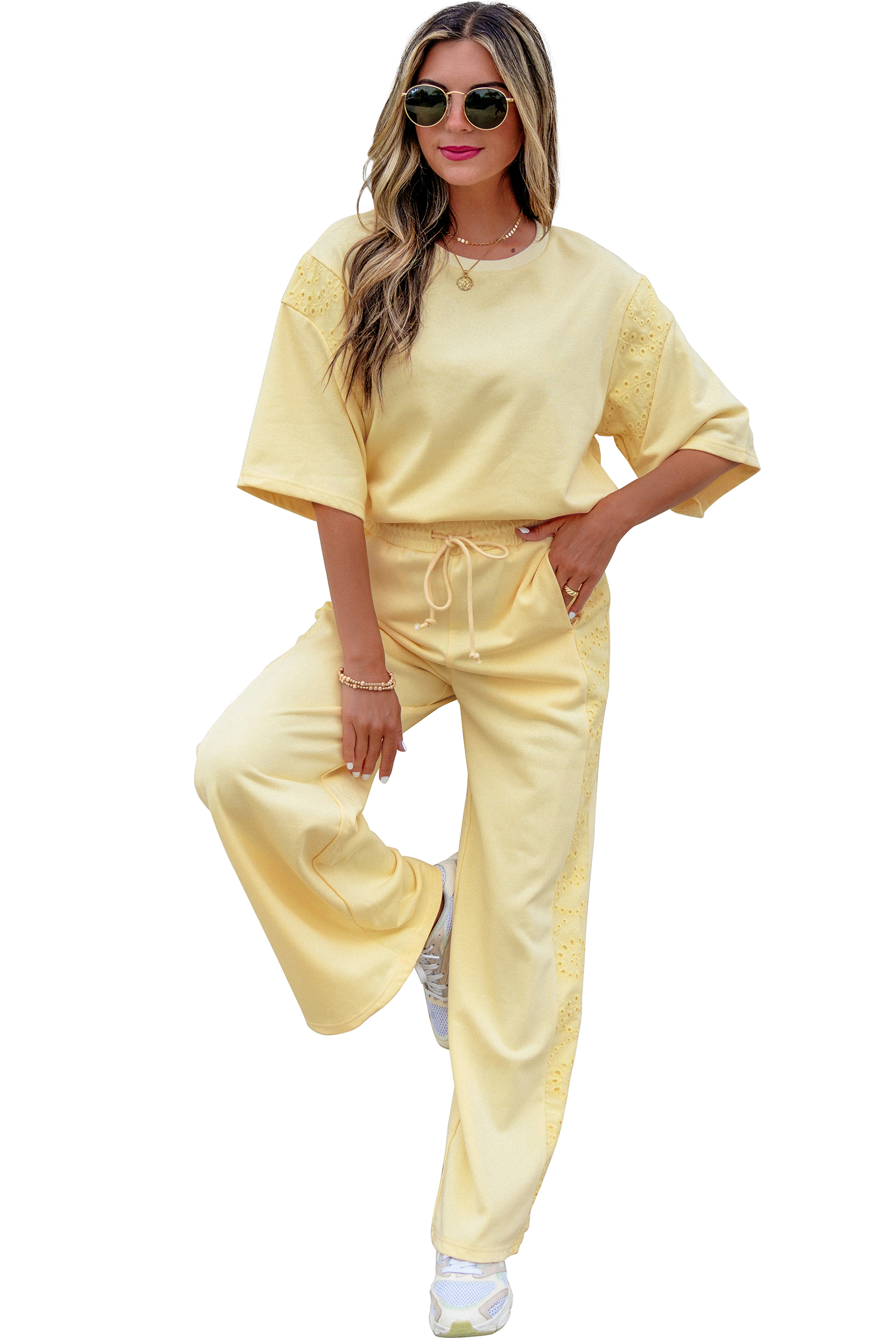 Yellow Cream Lace Patchwork Half Sleeve Top Elastic Waist Pants Two Piece Set view 24