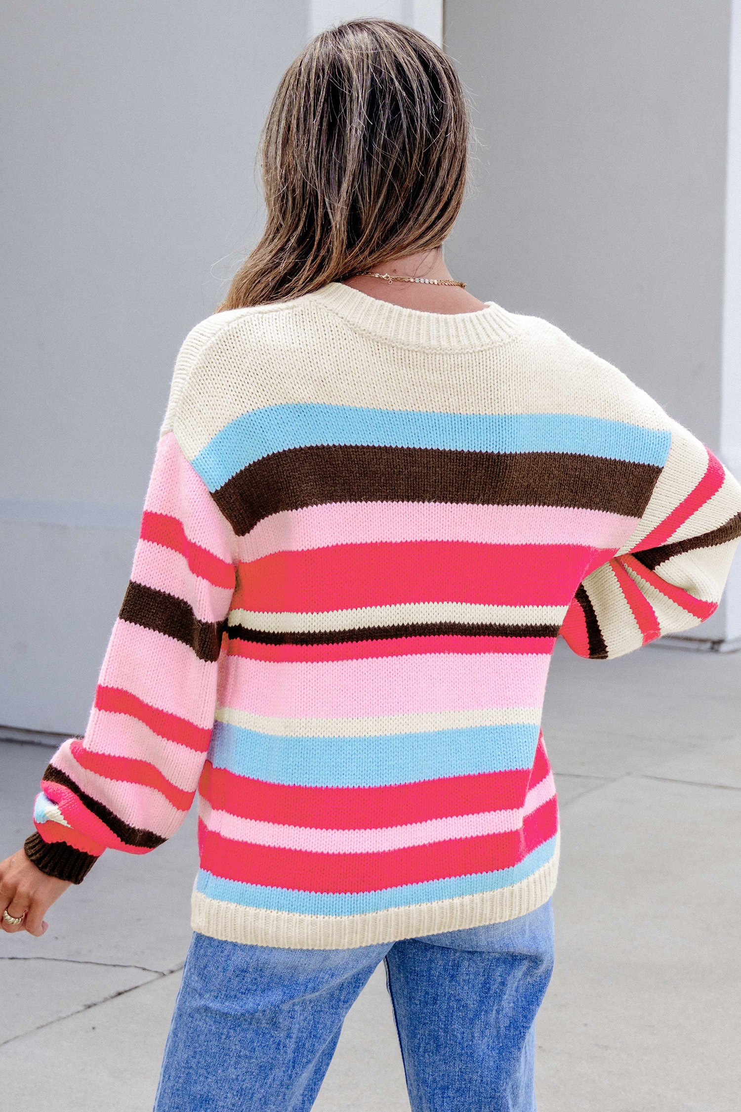 Pink Stripe Striped Colorblock Drop Shoulder Cardigan view 2