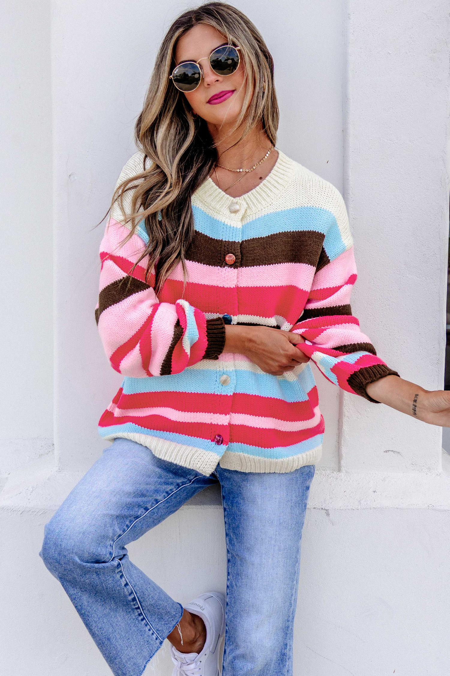 Pink Stripe Striped Colorblock Drop Shoulder Cardigan view 6