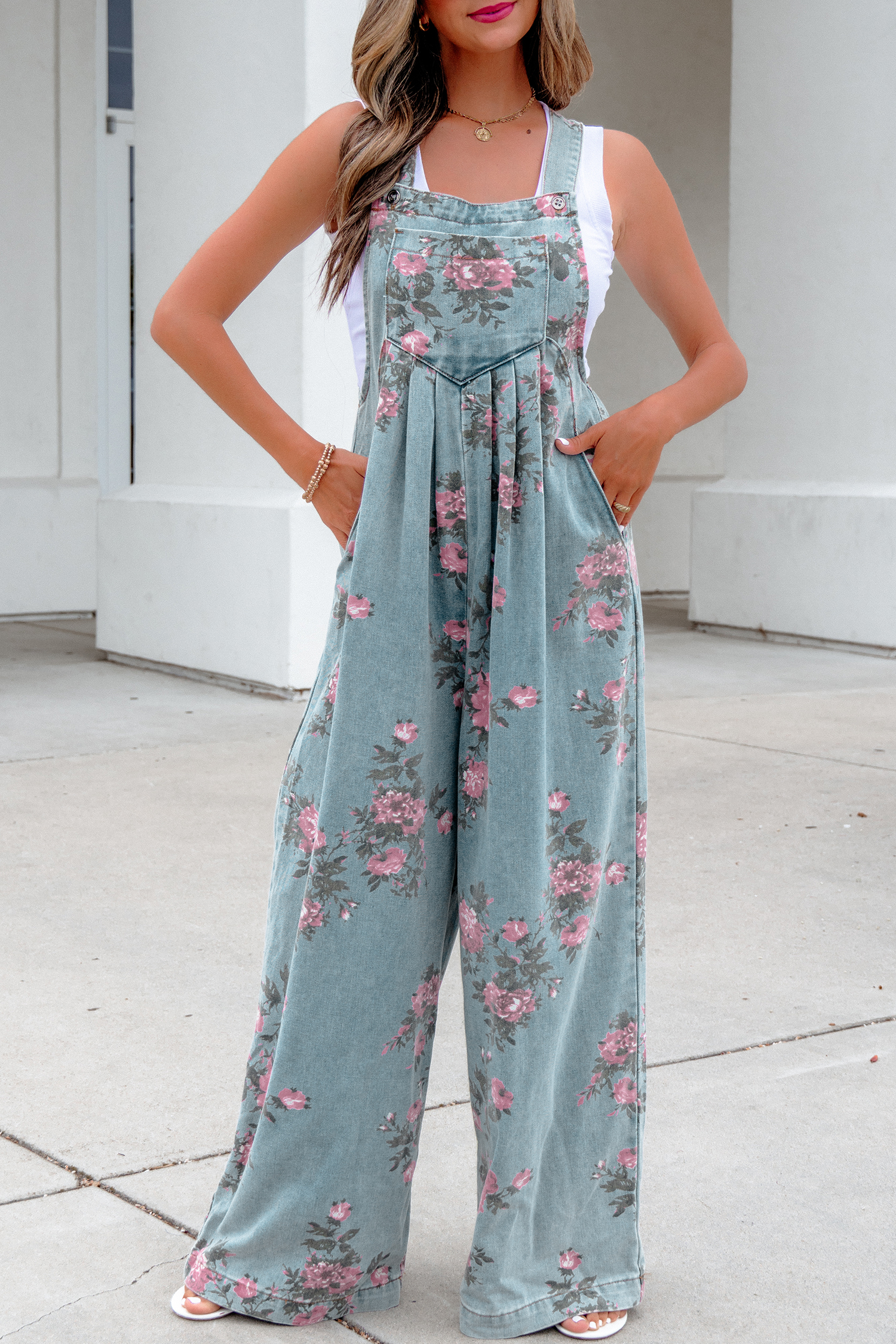 Beau Blue Floral Print Pleated High Waist Wide Leg Denim Jumpsuit view 5