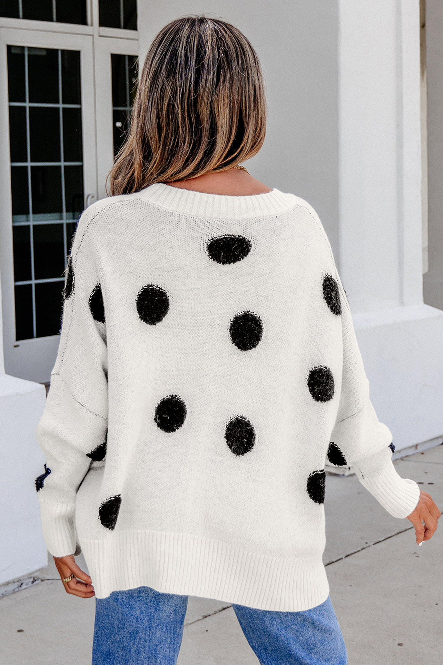 Beige Polka Dot Button Front Oversized V Neck Cardigan view 2