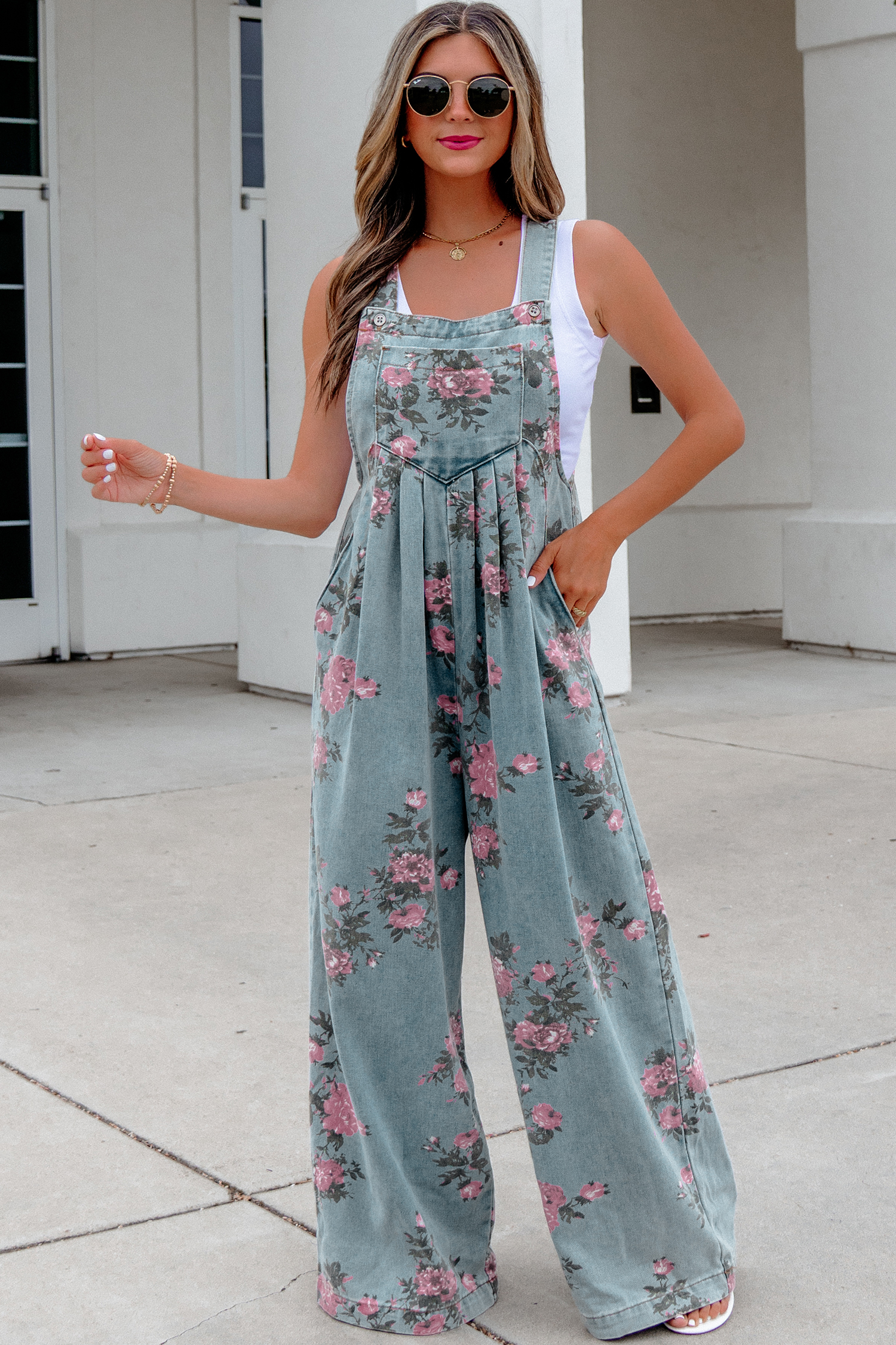 Beau Blue Floral Print Pleated High Waist Wide Leg Denim Jumpsuit view 3
