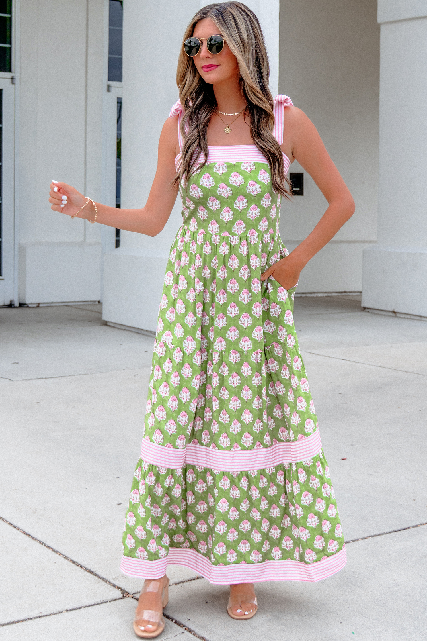 Green Floral Print Striped Detail Knot Straps Maxi Dress view 10