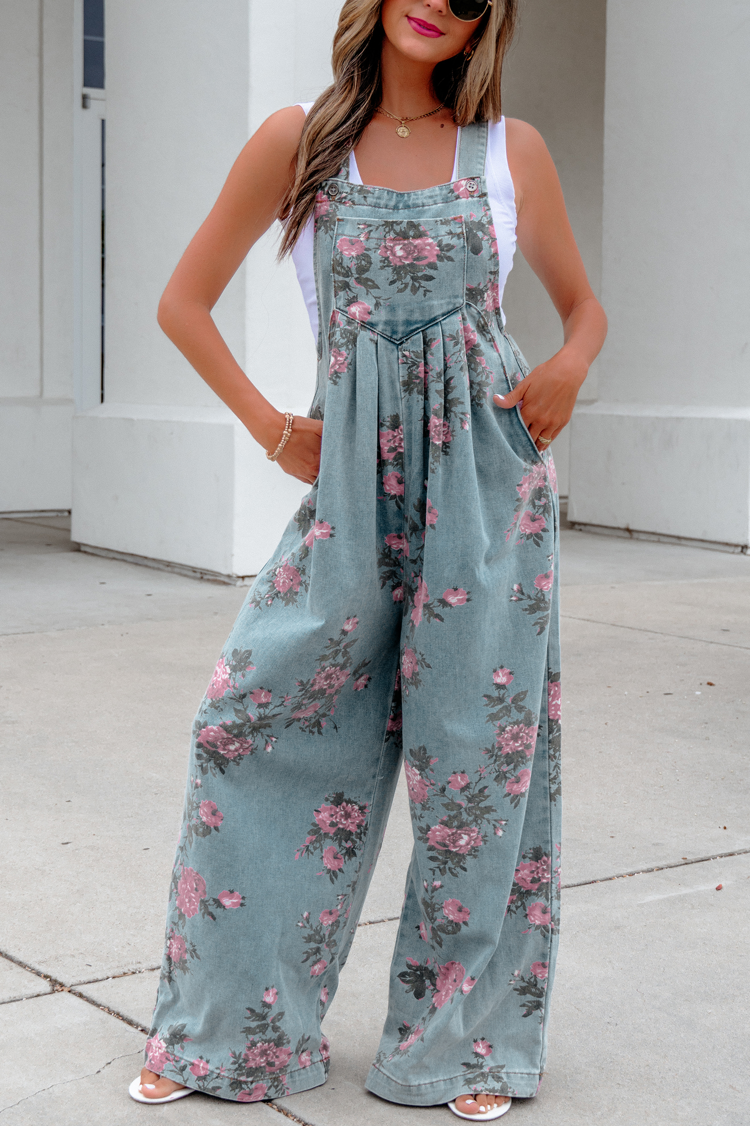 Beau Blue Floral Print Pleated High Waist Wide Leg Denim Jumpsuit view 7