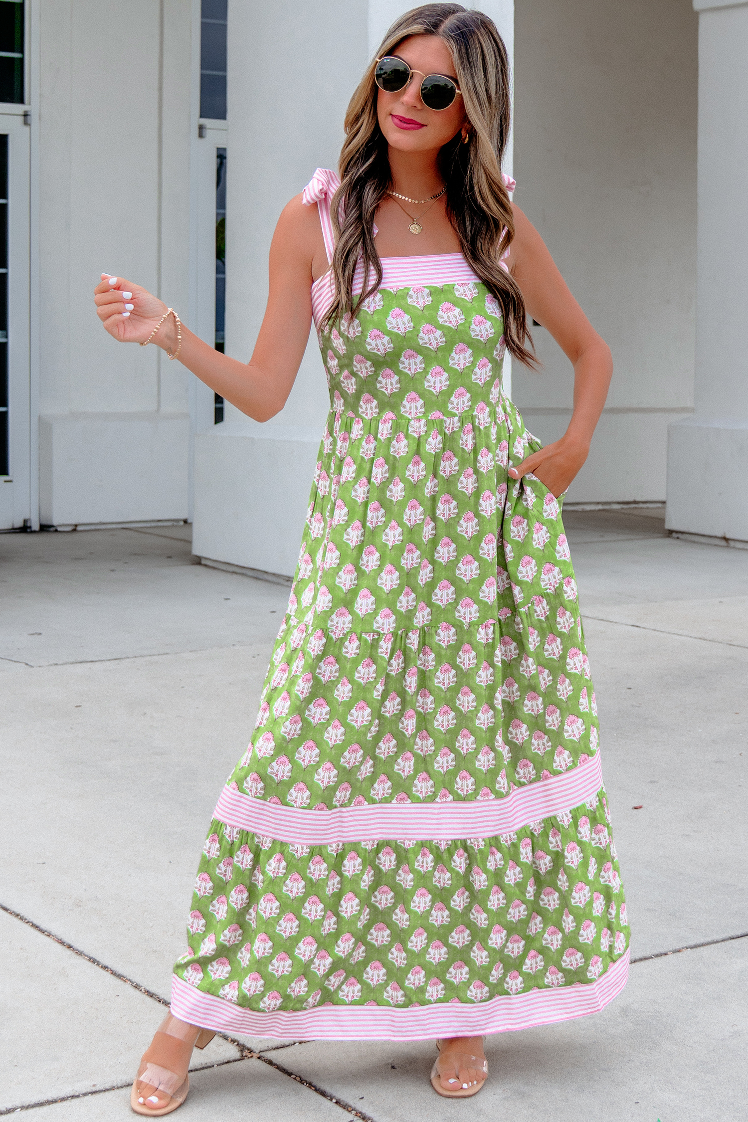 Green Floral Print Striped Detail Knot Straps Maxi Dress view 8