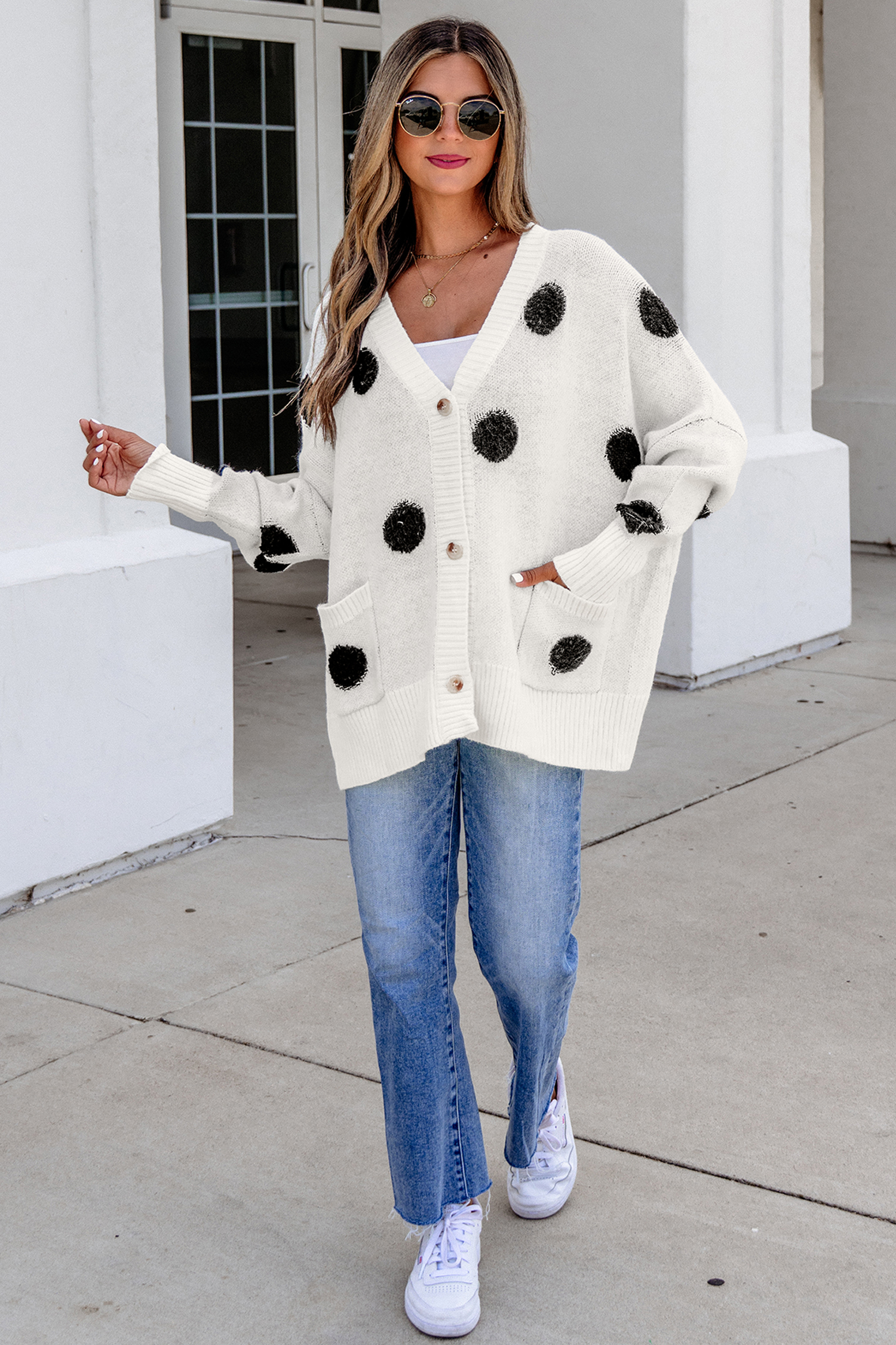 Beige Polka Dot Button Front Oversized V Neck Cardigan view 7
