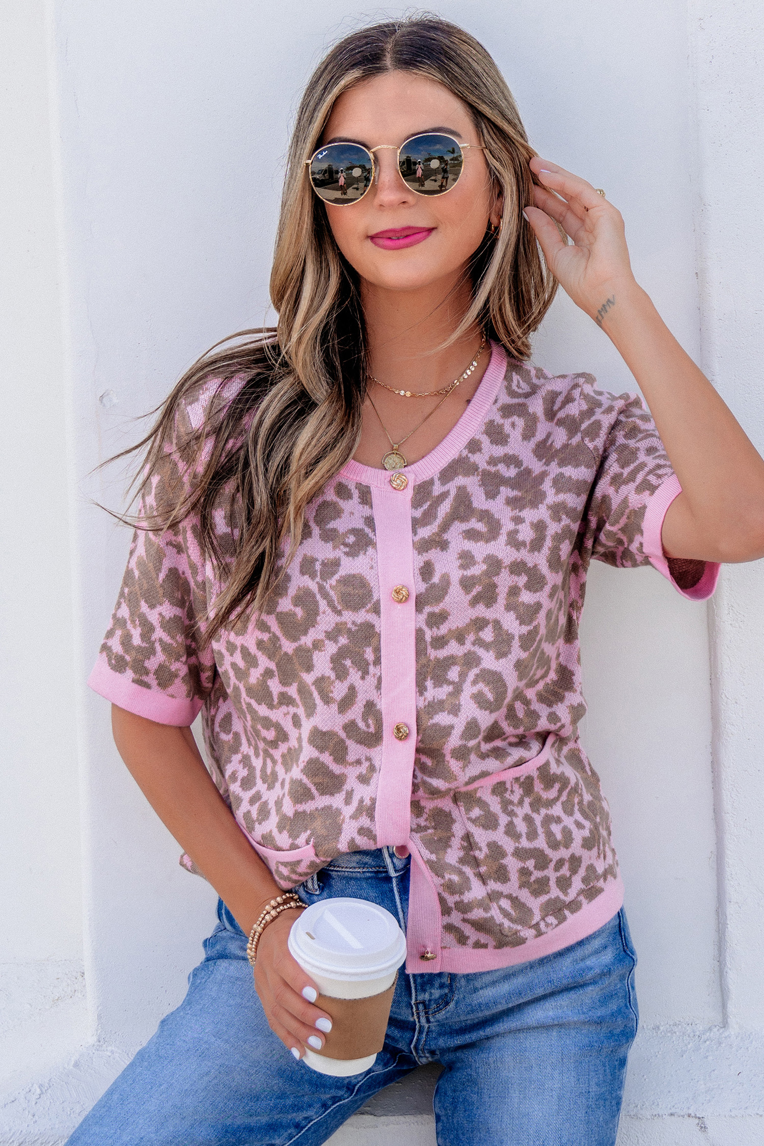 Pink Leopard Button Down Short Sleeve Sweater Cardigan view 3