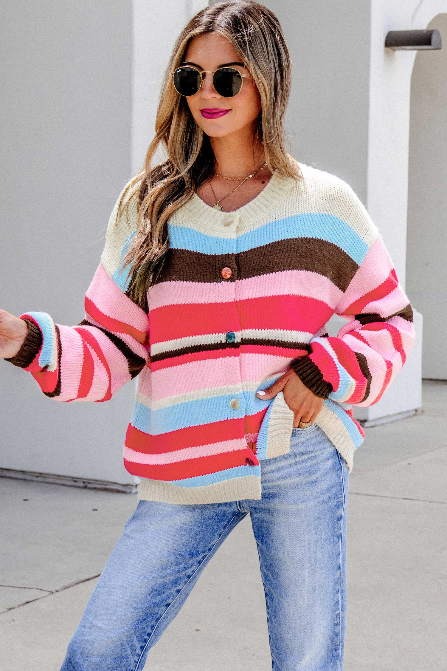 Pink Stripe Striped Colorblock Drop Shoulder Cardigan view 5