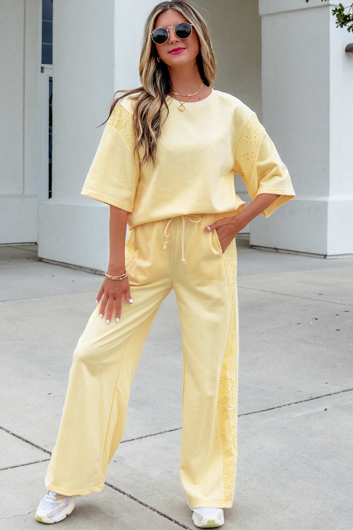Yellow Cream Lace Patchwork Half Sleeve Top Elastic Waist Pants Two Piece Set view 5
