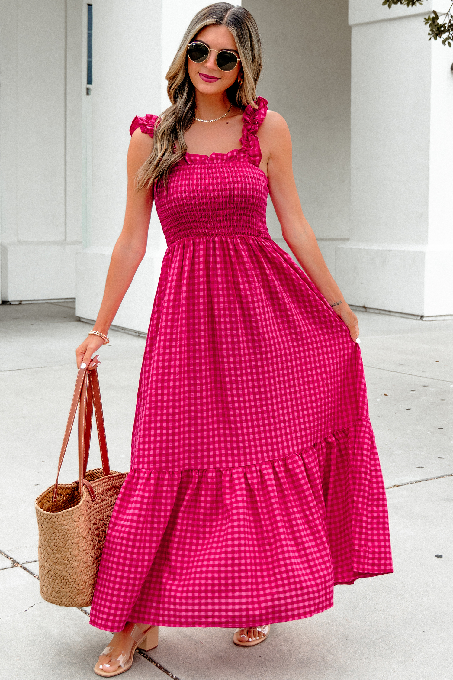 Red Plaid Square Neck Fit-and-flared Vacation Sundress view 4