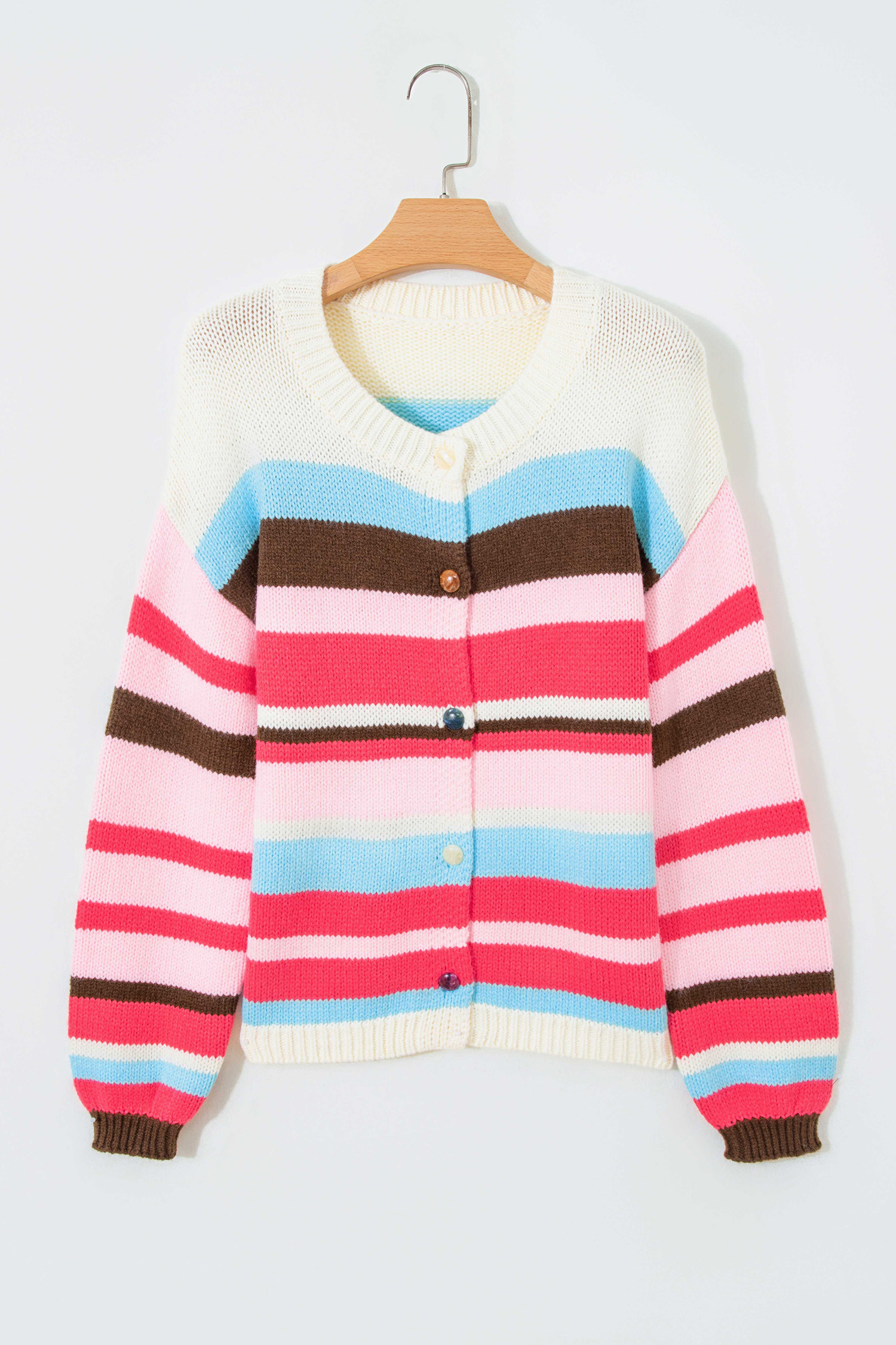 Pink Stripe Striped Colorblock Drop Shoulder Cardigan view 14