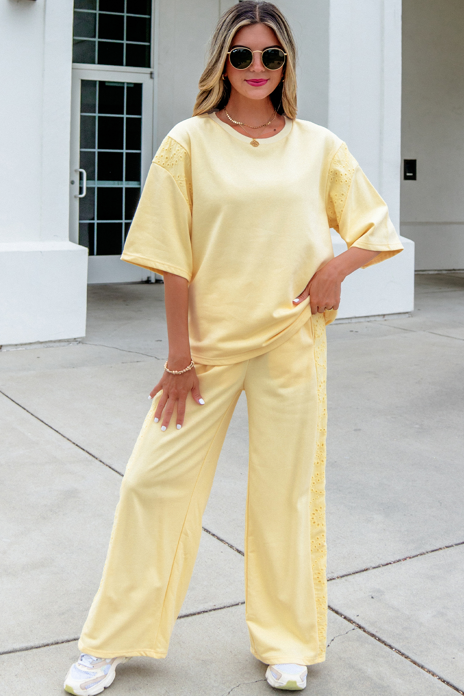 Yellow Cream Lace Patchwork Half Sleeve Top Elastic Waist Pants Two Piece Set view 6