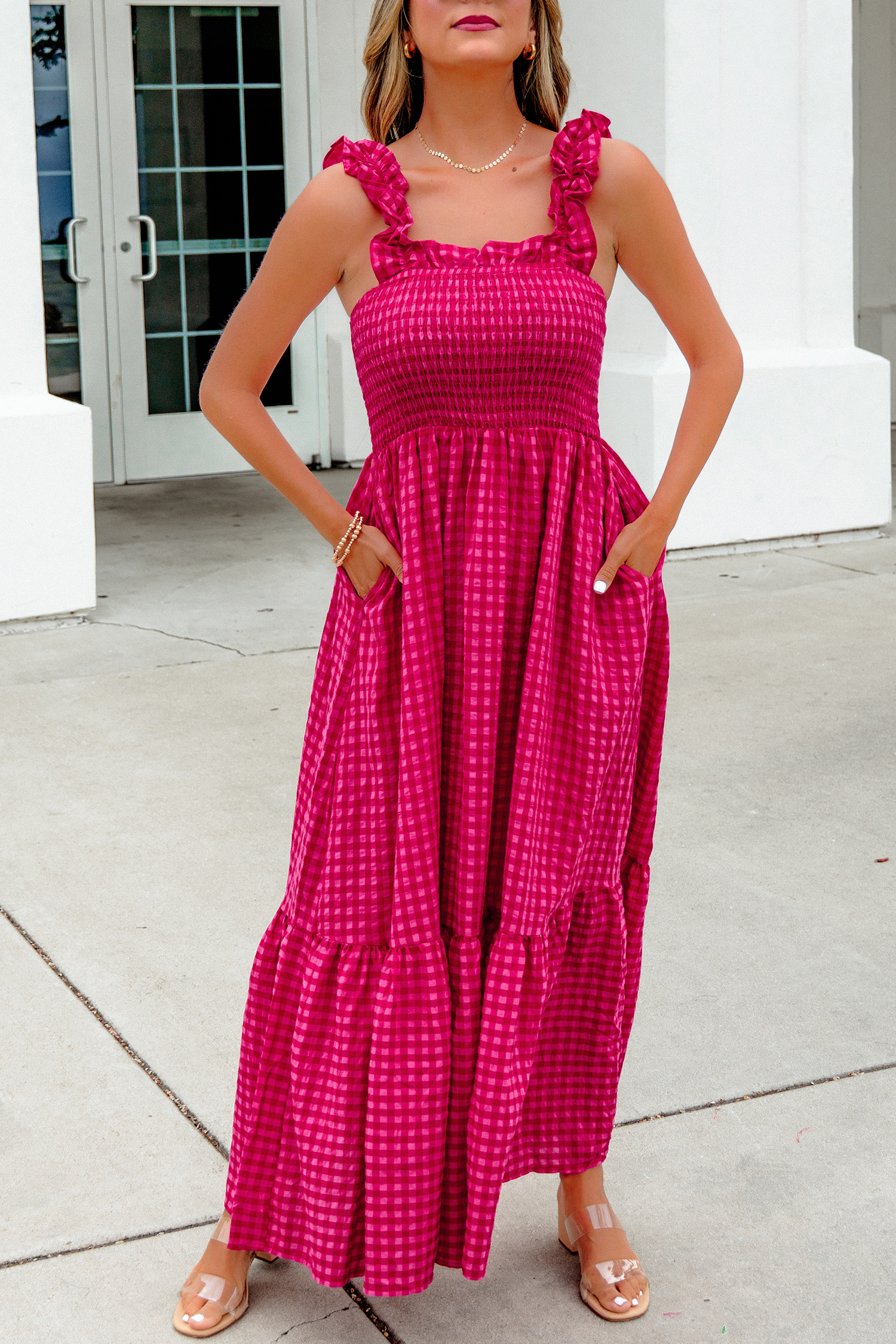 Red Plaid Square Neck Fit-and-flared Vacation Sundress view 5