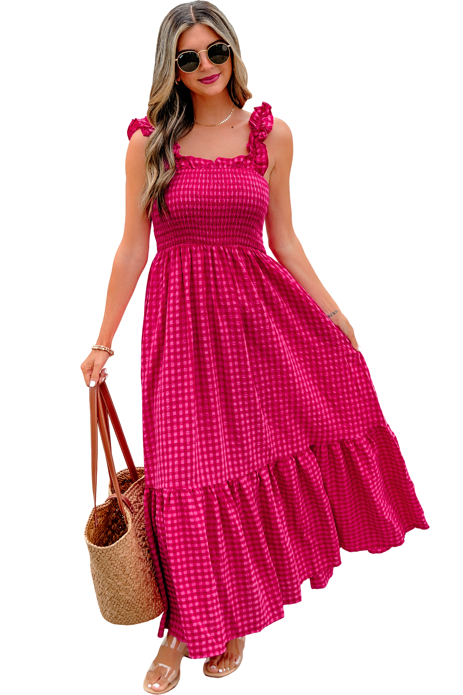 Red Plaid Square Neck Fit-and-flared Vacation Sundress view 20