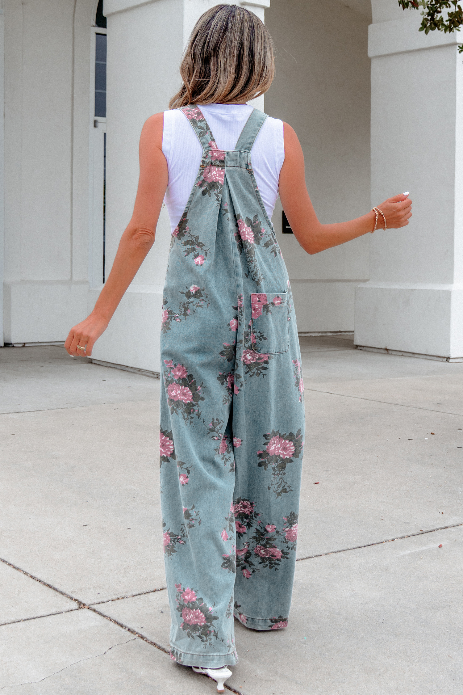 Beau Blue Floral Print Pleated High Waist Wide Leg Denim Jumpsuit view 2