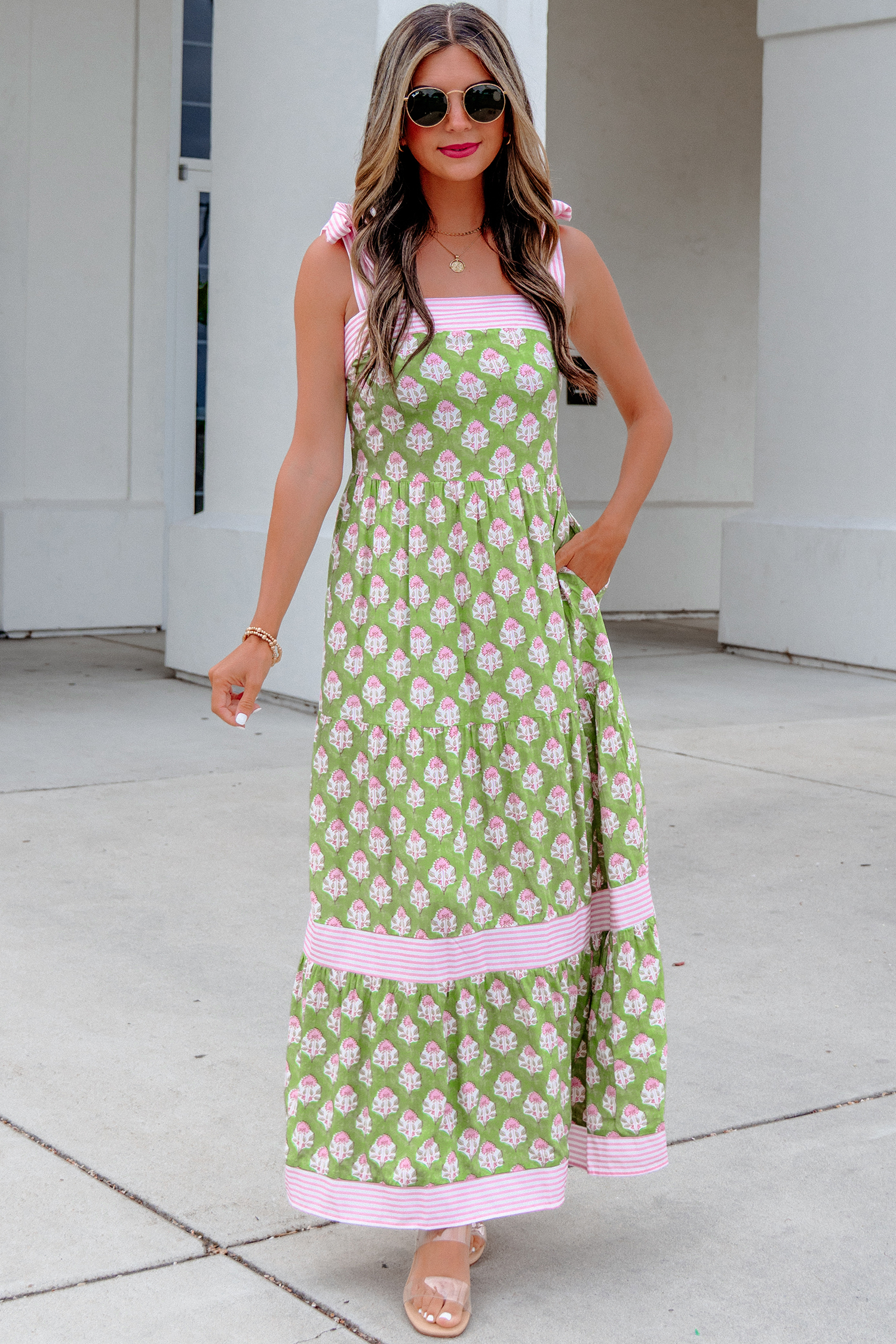 Green Floral Print Striped Detail Knot Straps Maxi Dress view 9