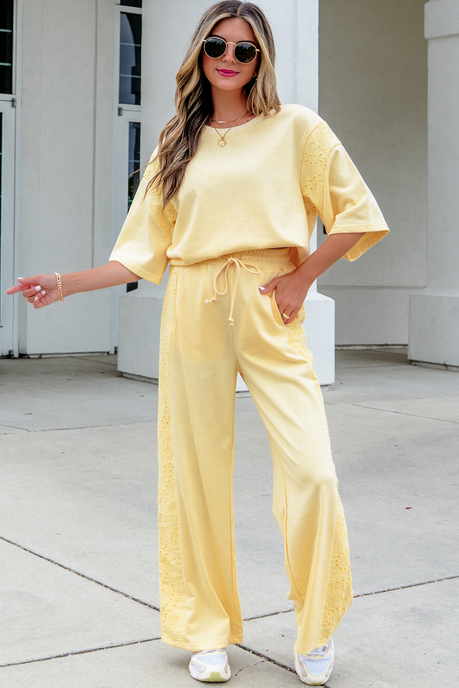 Yellow Cream Lace Patchwork Half Sleeve Top Elastic Waist Pants Two Piece Set view 2