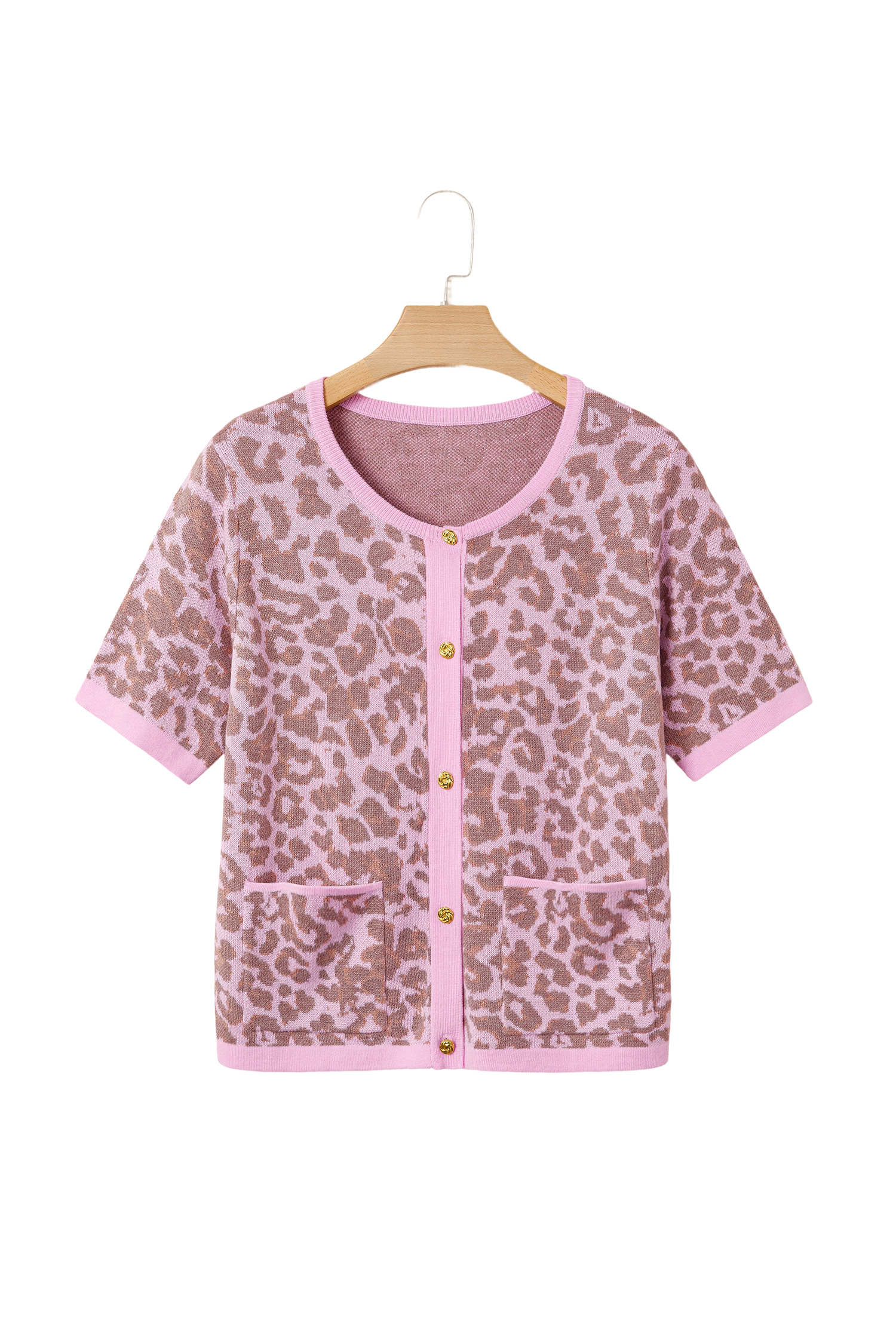 Pink Leopard Button Down Short Sleeve Sweater Cardigan view 20