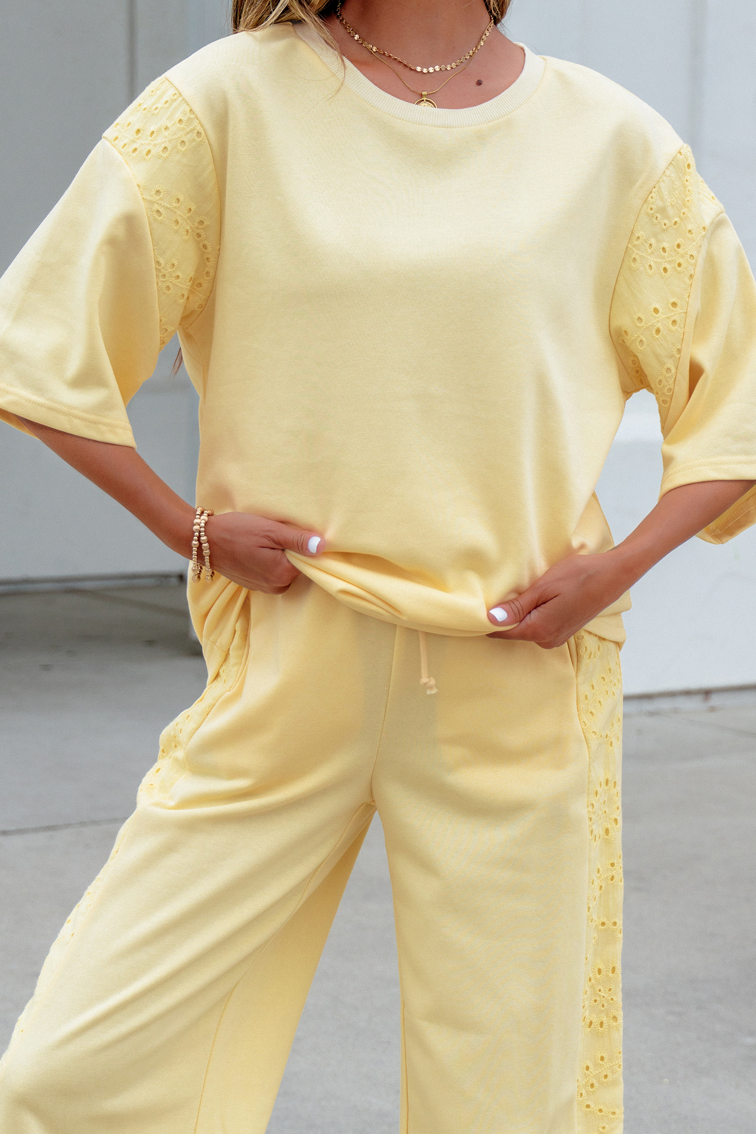 Yellow Cream Lace Patchwork Half Sleeve Top Elastic Waist Pants Two Piece Set view 9
