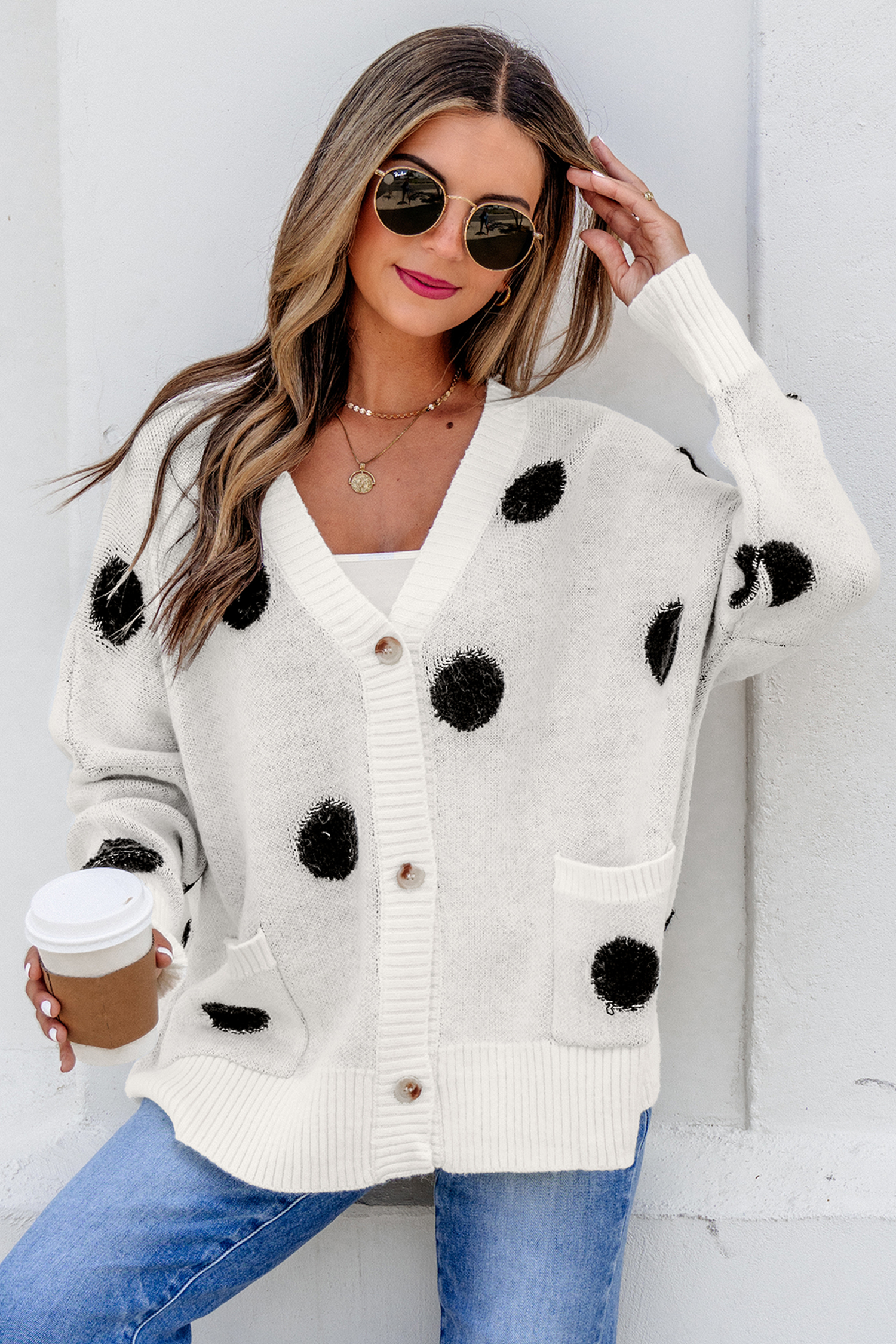 Beige Polka Dot Button Front Oversized V Neck Cardigan view 5