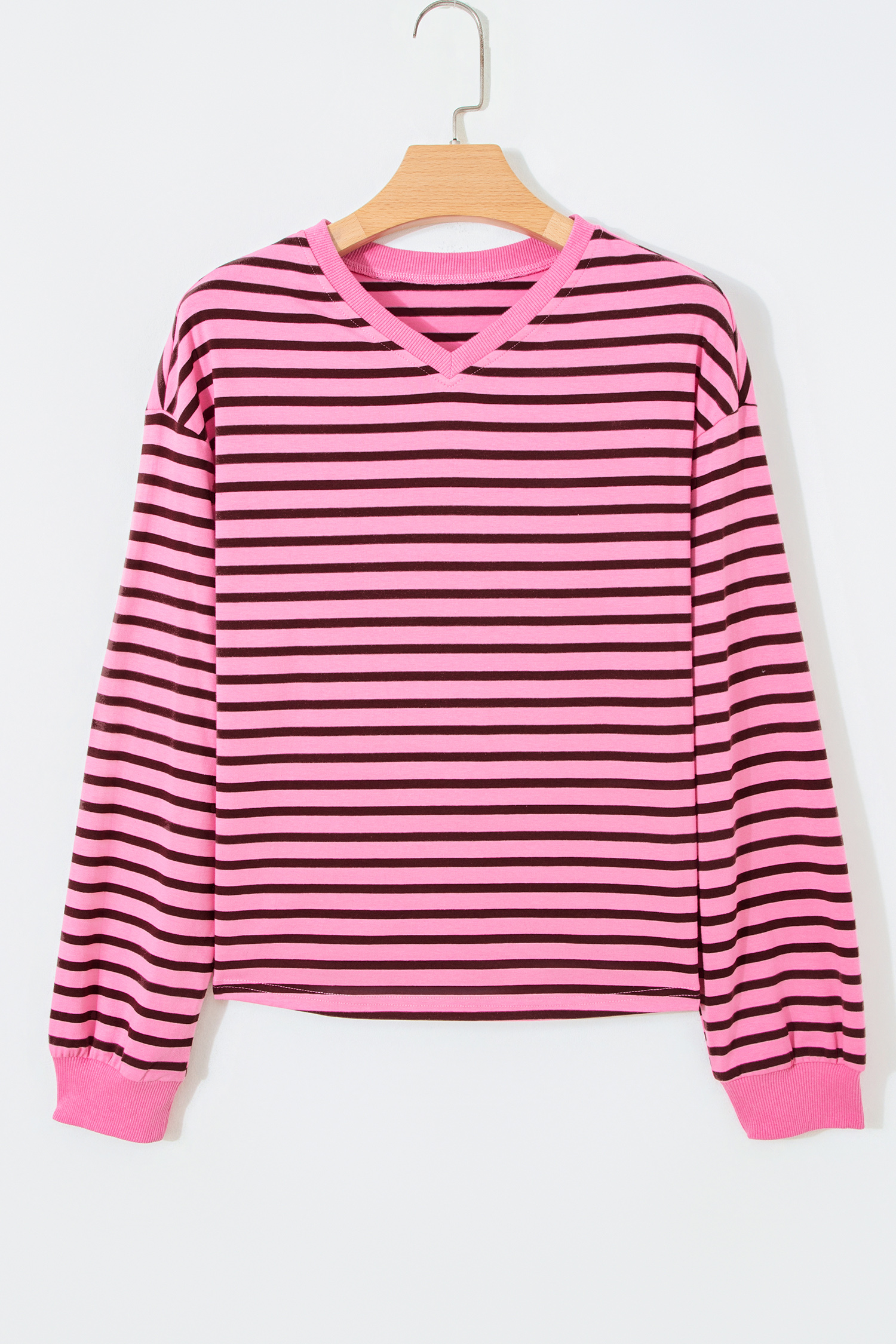 Pink Stripe V Neck Drop Shoulder Long Sleeve Top view 15