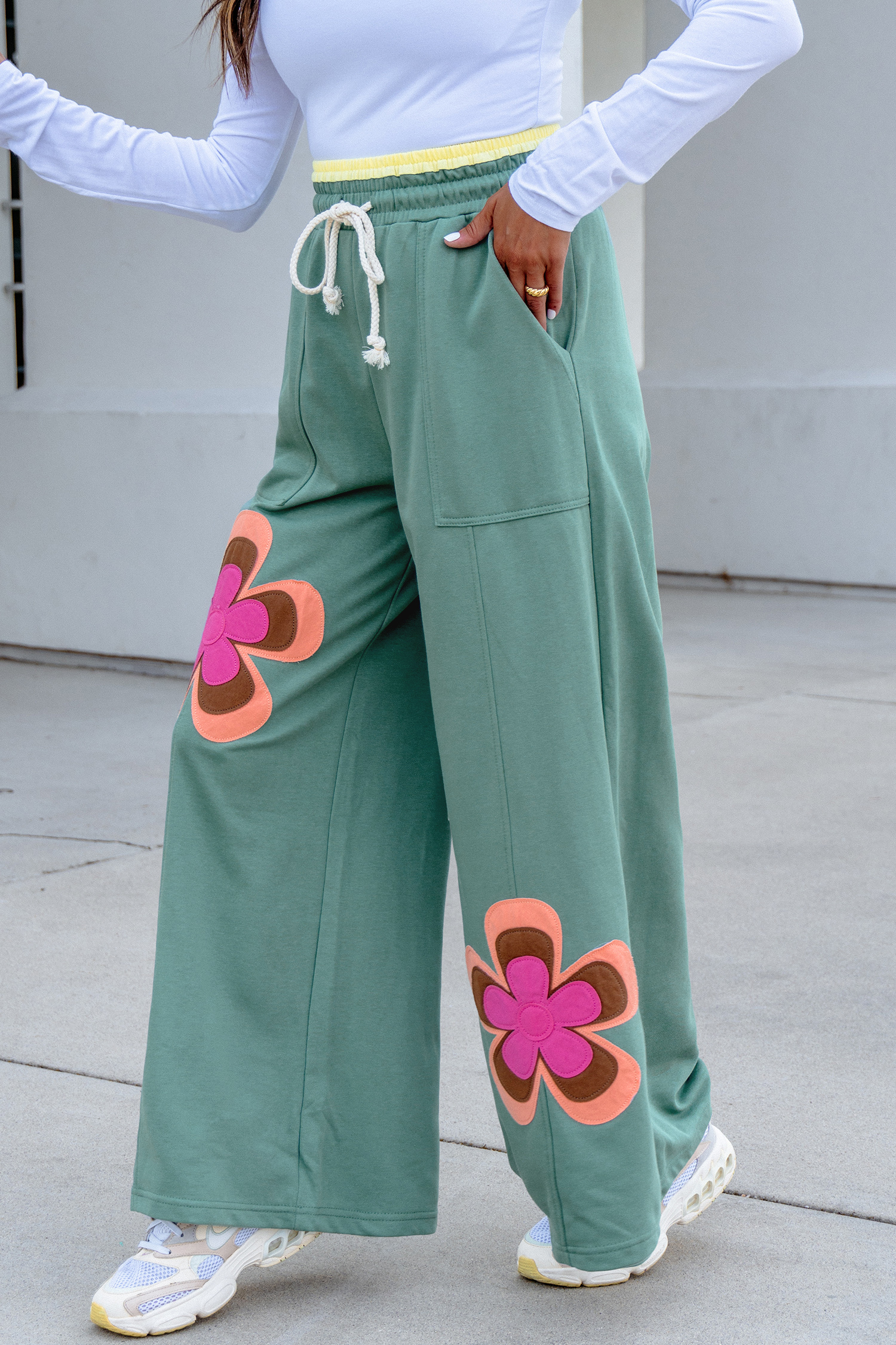 Sea Green Color Block Flower Patchwork Drawstring Contrasted Elastic Waist Wide Leg Pants view 5