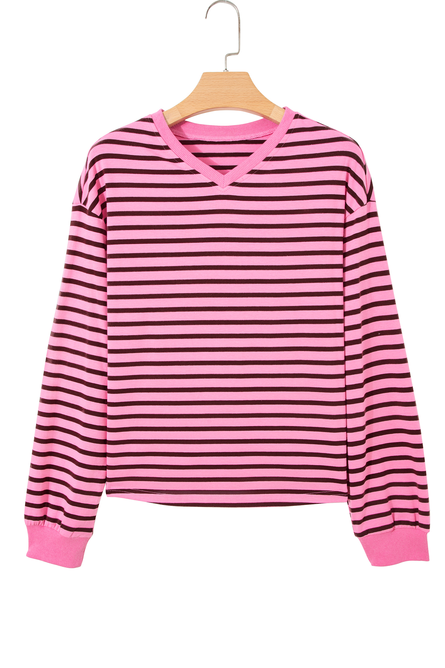 Pink Stripe V Neck Drop Shoulder Long Sleeve Top view 22