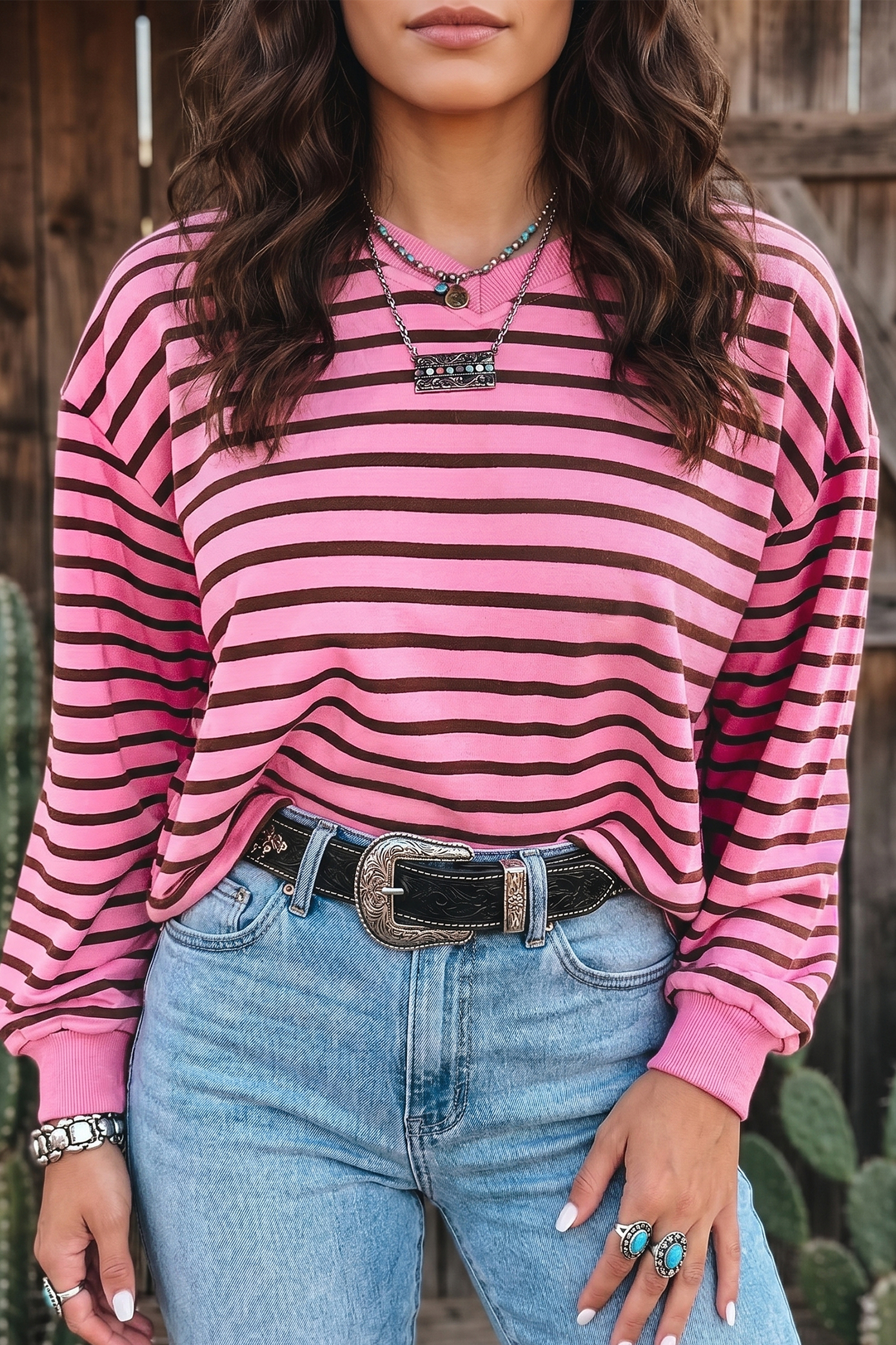 Pink Stripe V Neck Drop Shoulder Long Sleeve Top view 13